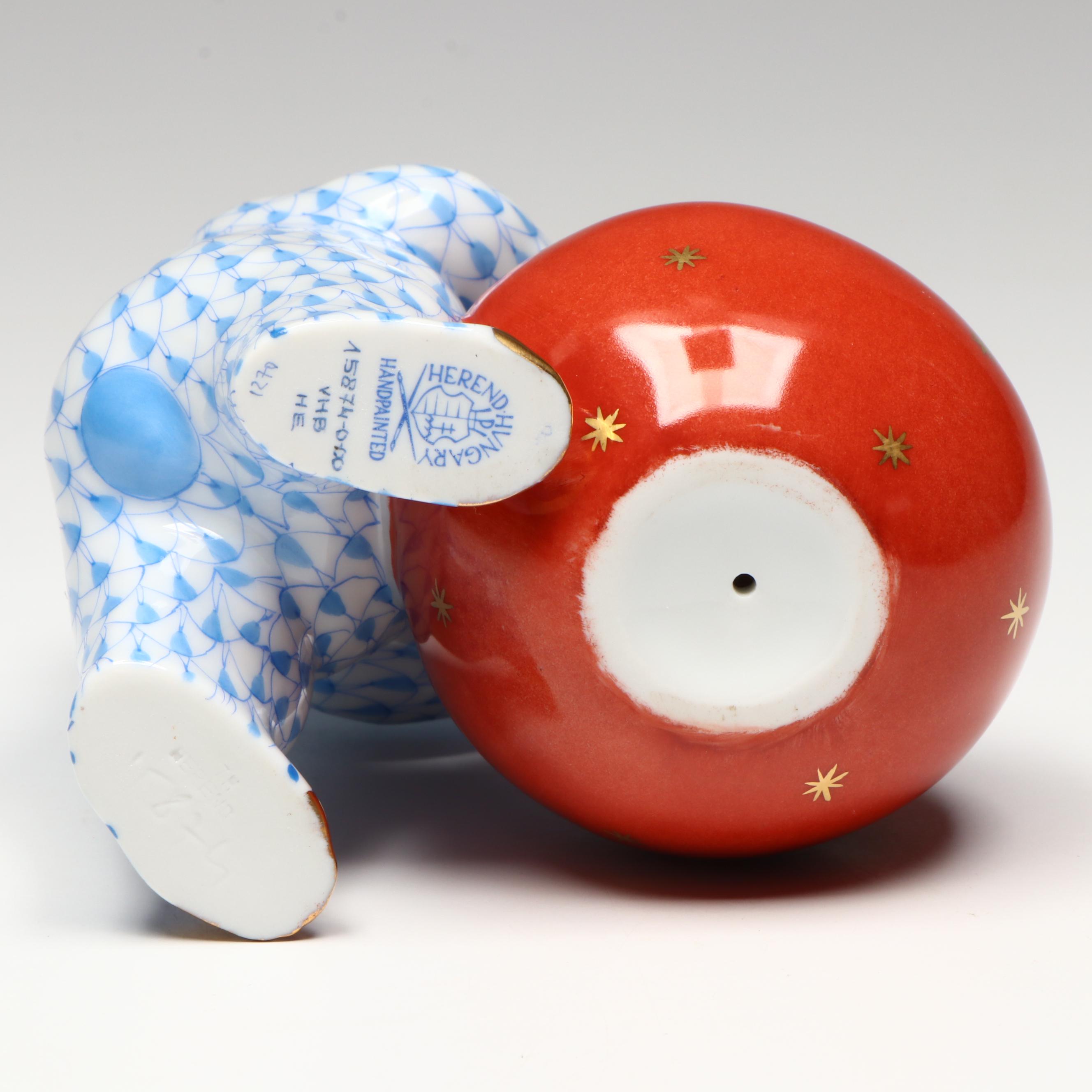 Herend Blue Fishnet with Gold "Bear with Ball" Porcelain Figurine