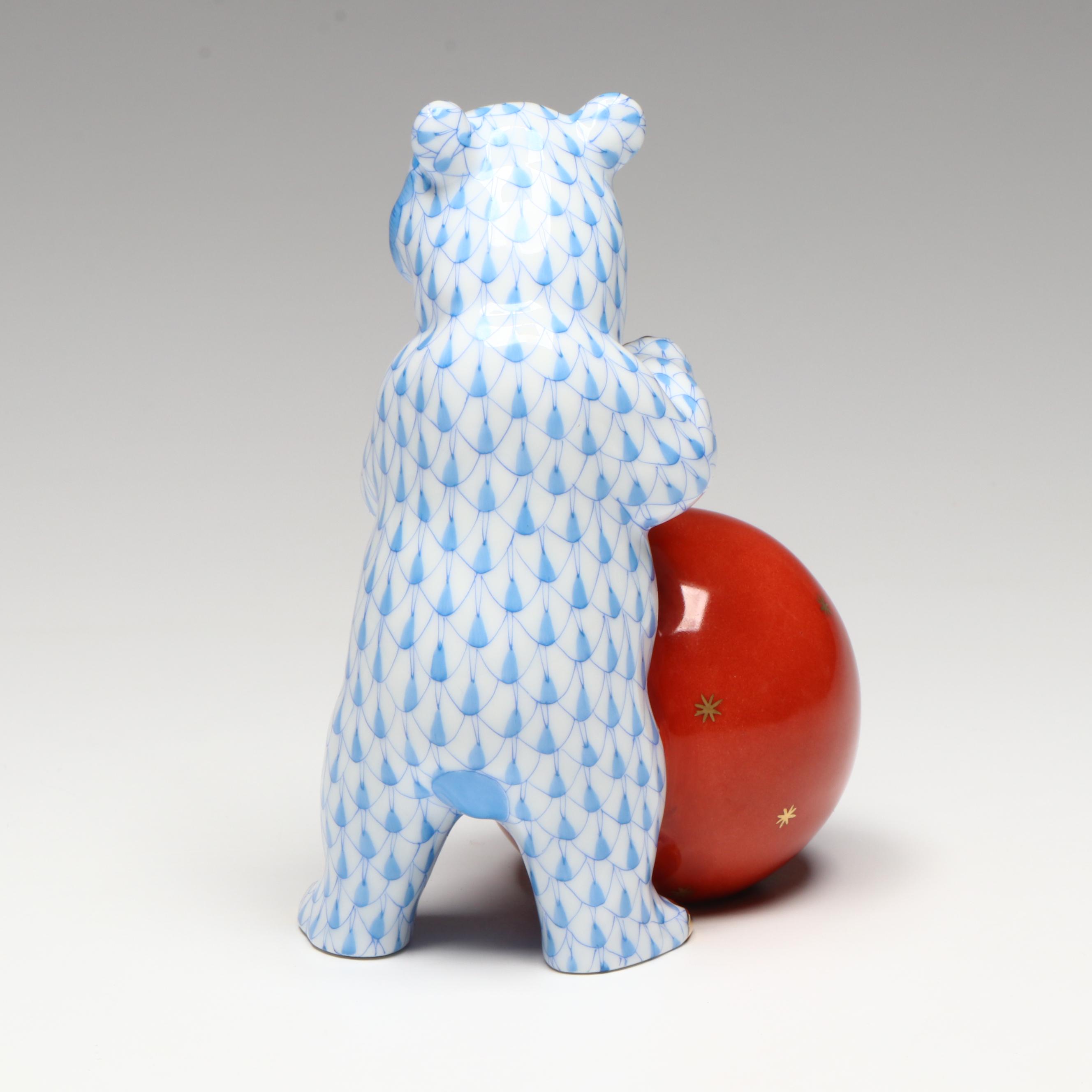 Herend Blue Fishnet with Gold "Bear with Ball" Porcelain Figurine