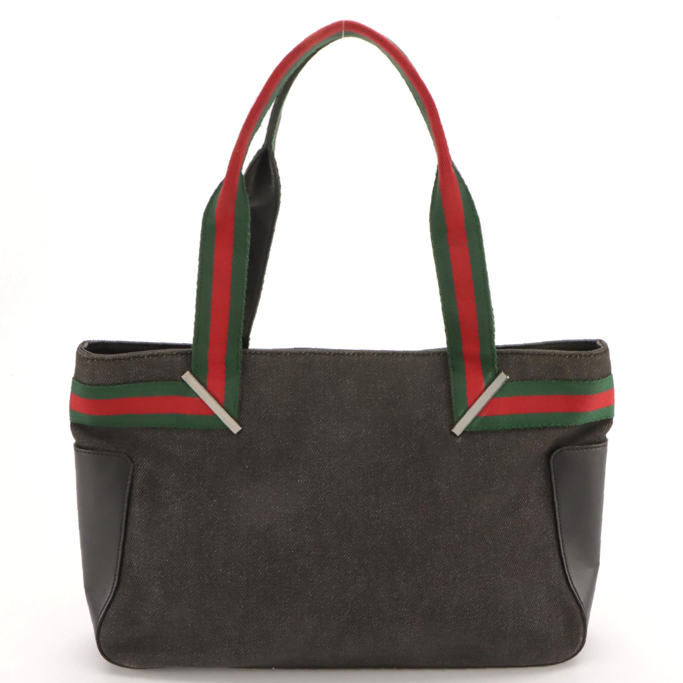 Gucci Web Stripe Accented Tote in Black Cotton Denim and Leather