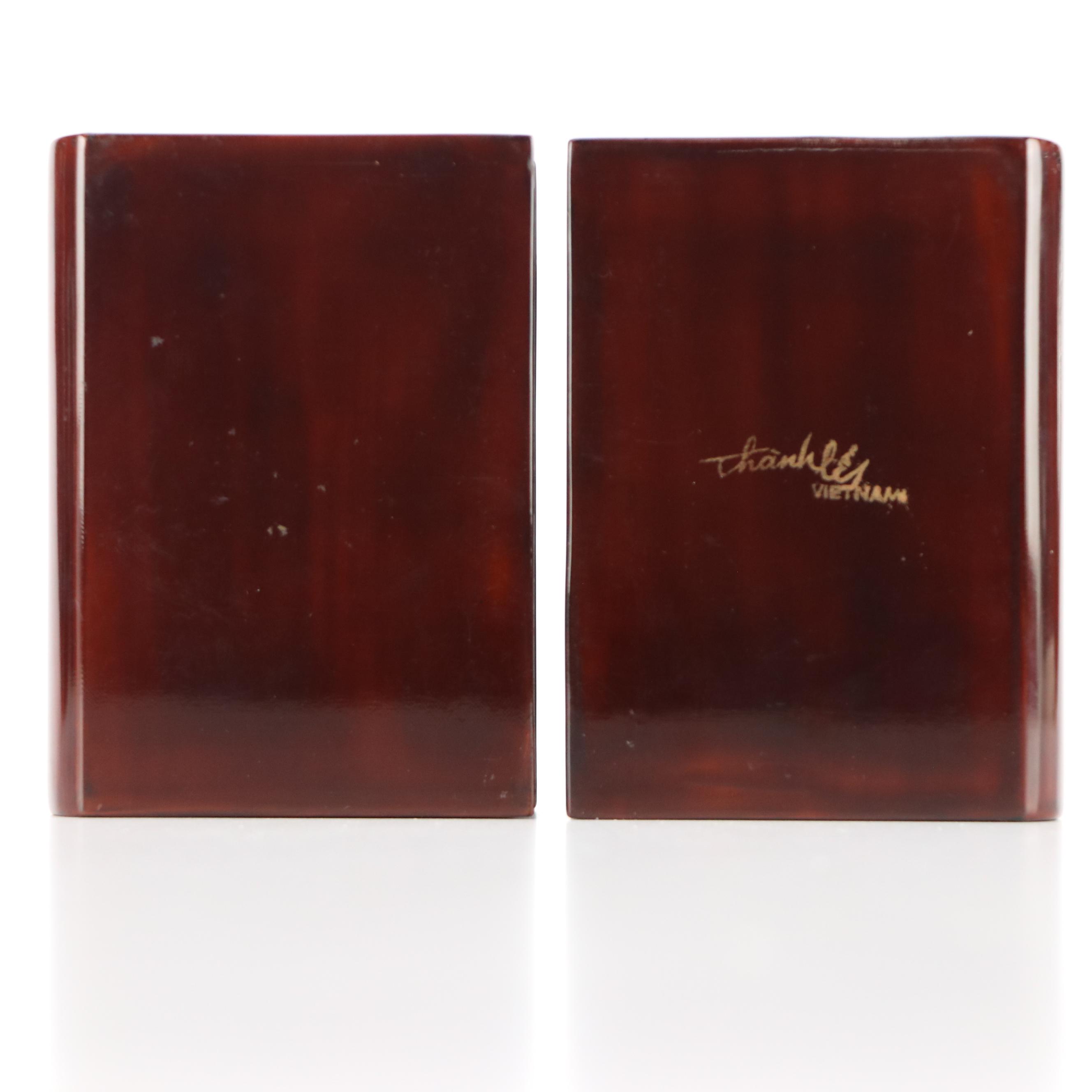 Nguyen Thành Lê Goldfish Motif Vietnamese Lacquered Wood Bookends