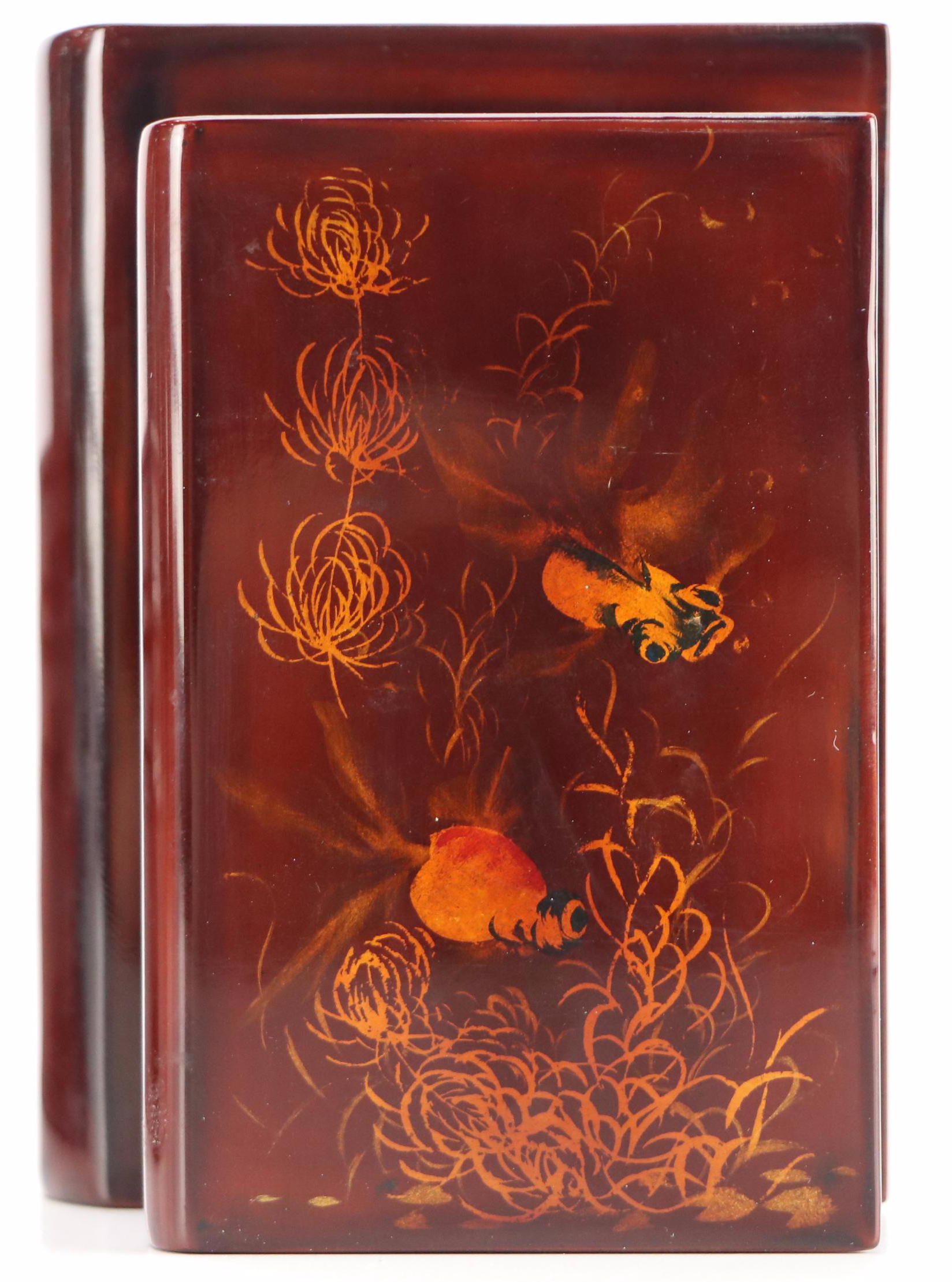 Nguyen Thành Lê Goldfish Motif Vietnamese Lacquered Wood Bookends