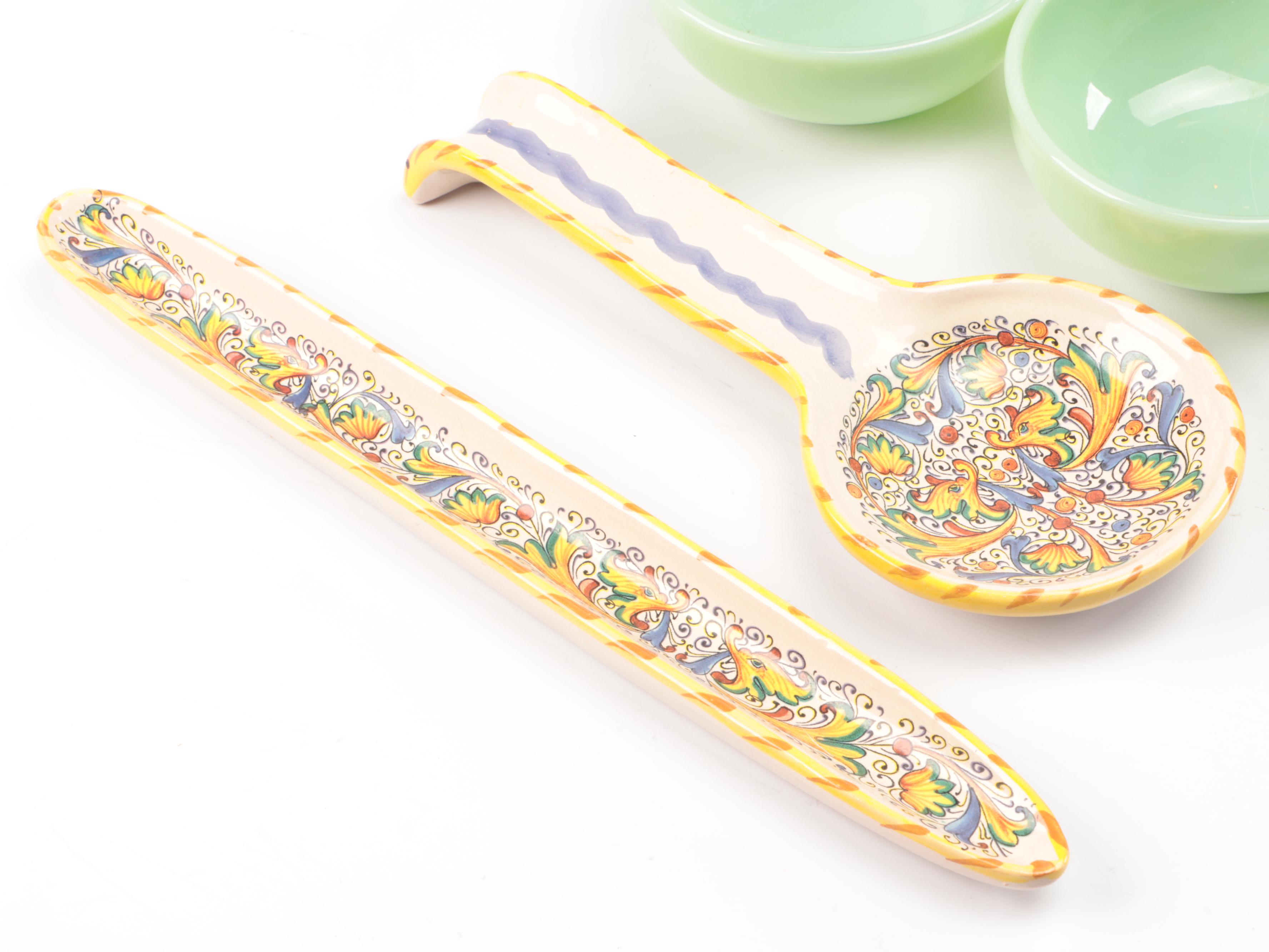 Italian Majolica Trays and Spoon Rest with Other Ceramic and Glass Serveware
