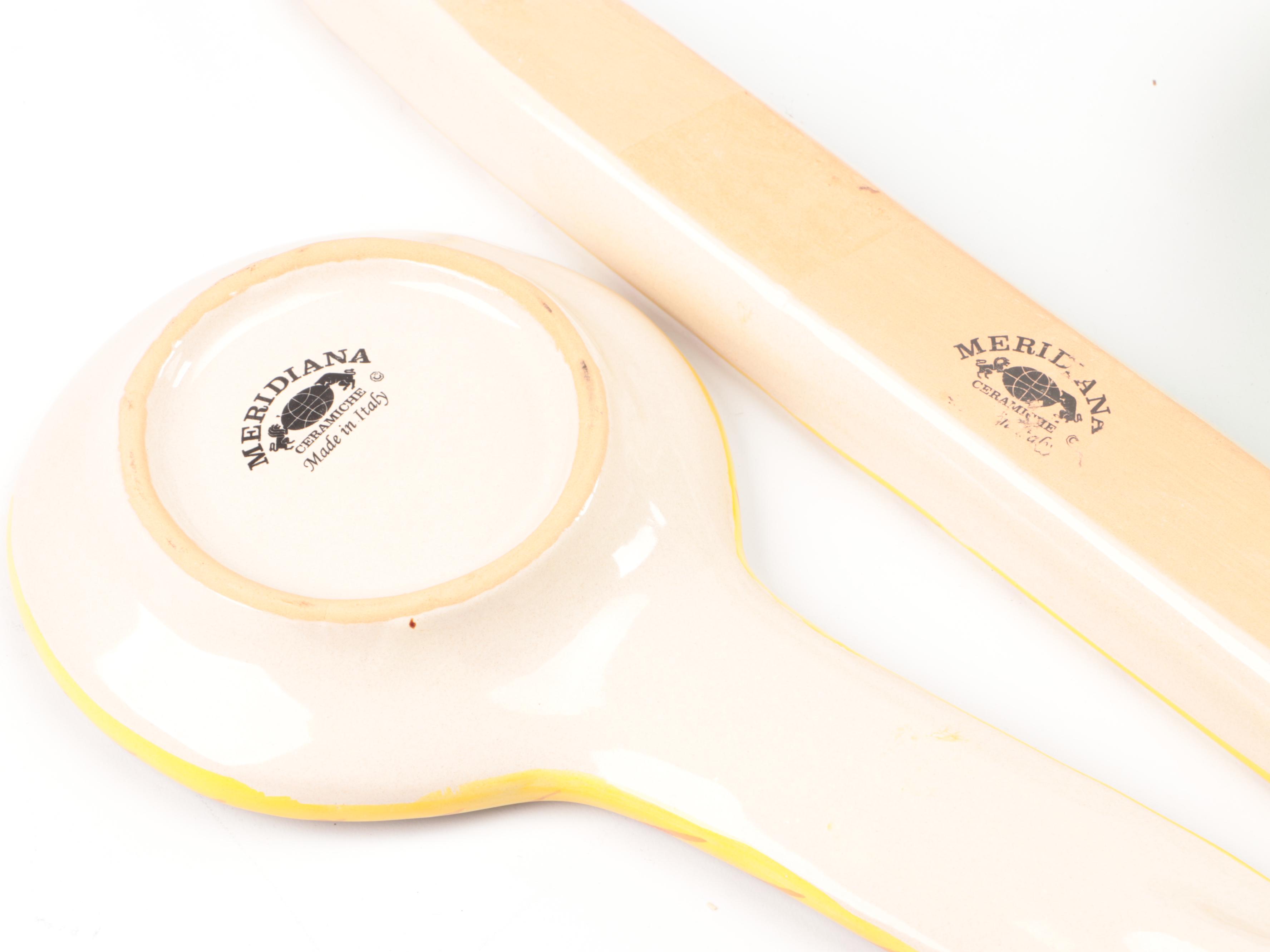 Italian Majolica Trays and Spoon Rest with Other Ceramic and Glass Serveware