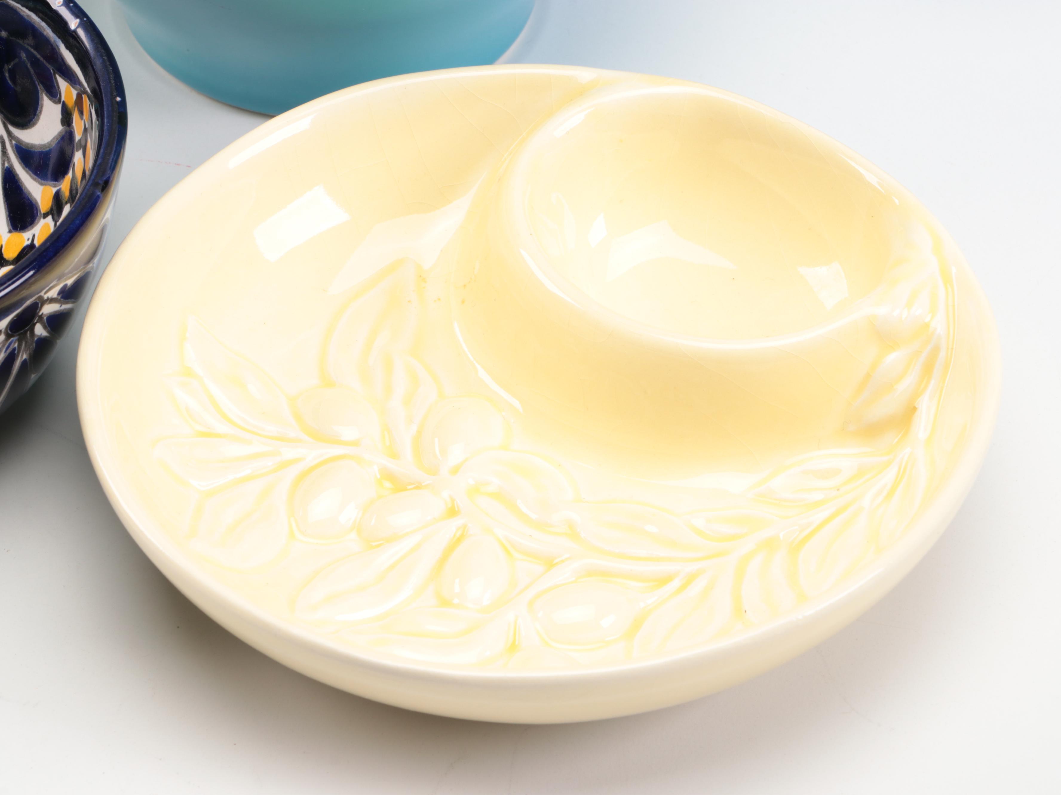 Italian Majolica Trays and Spoon Rest with Other Ceramic and Glass Serveware