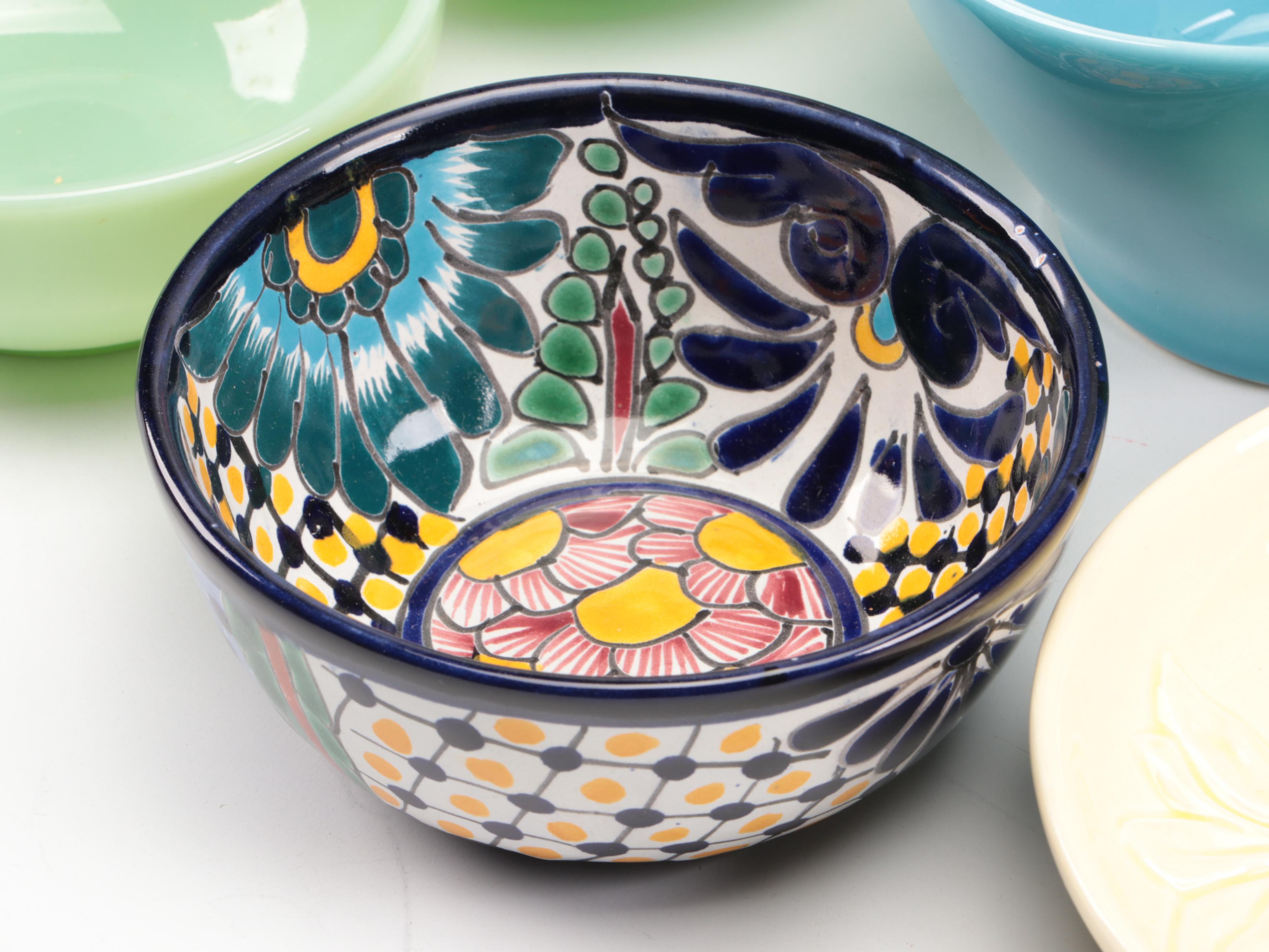 Italian Majolica Trays and Spoon Rest with Other Ceramic and Glass Serveware
