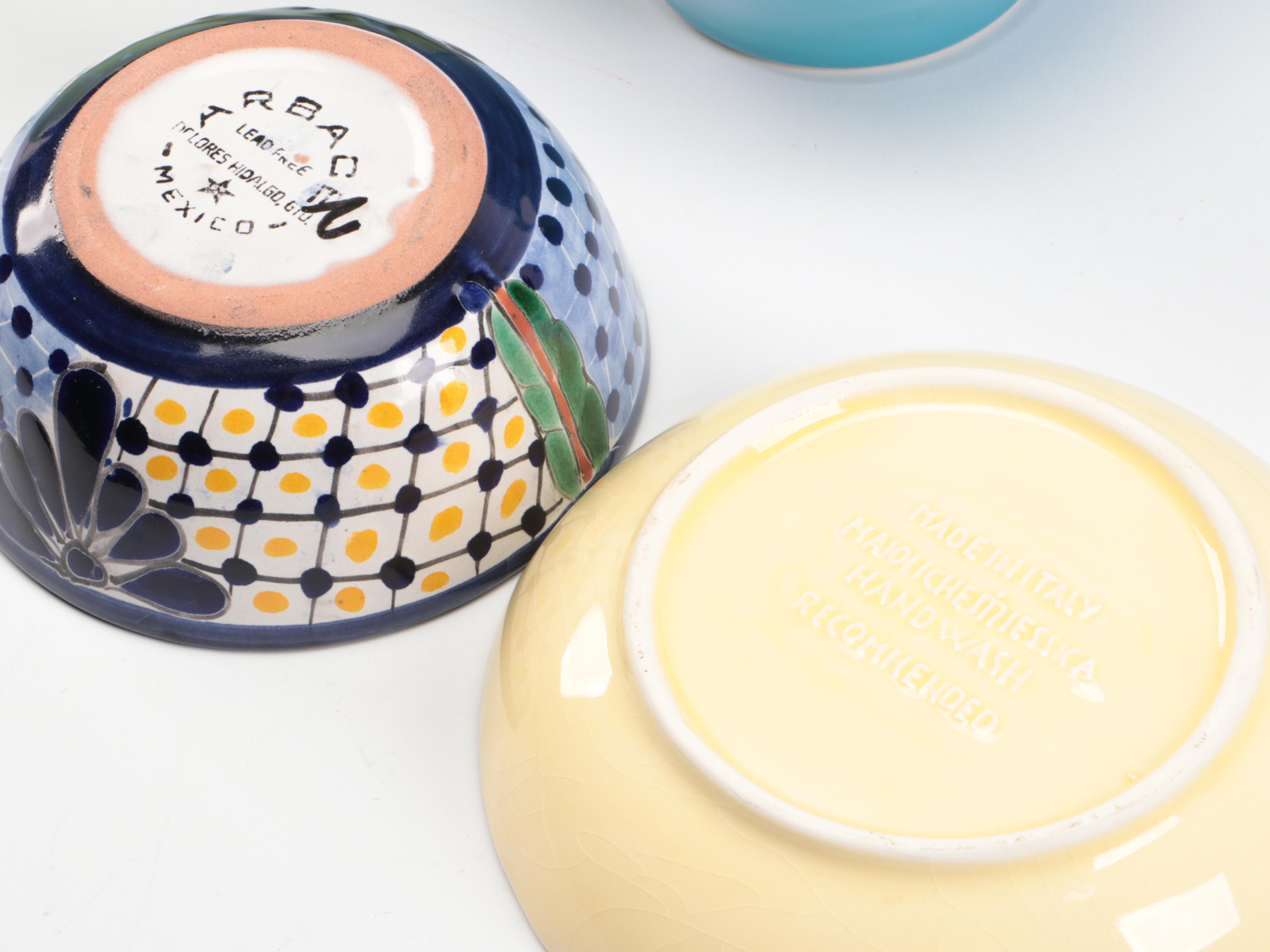 Italian Majolica Trays and Spoon Rest with Other Ceramic and Glass Serveware