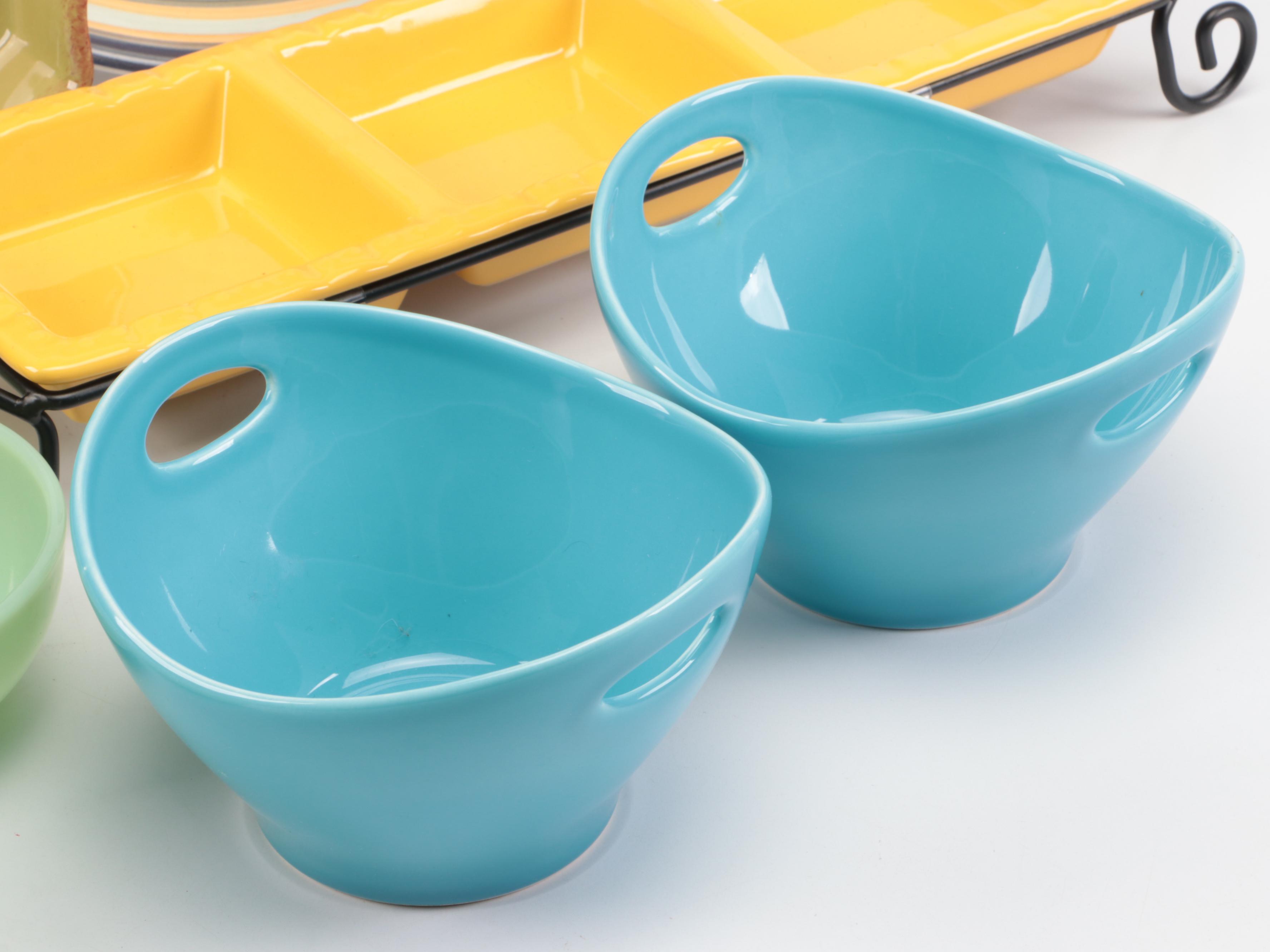 Italian Majolica Trays and Spoon Rest with Other Ceramic and Glass Serveware