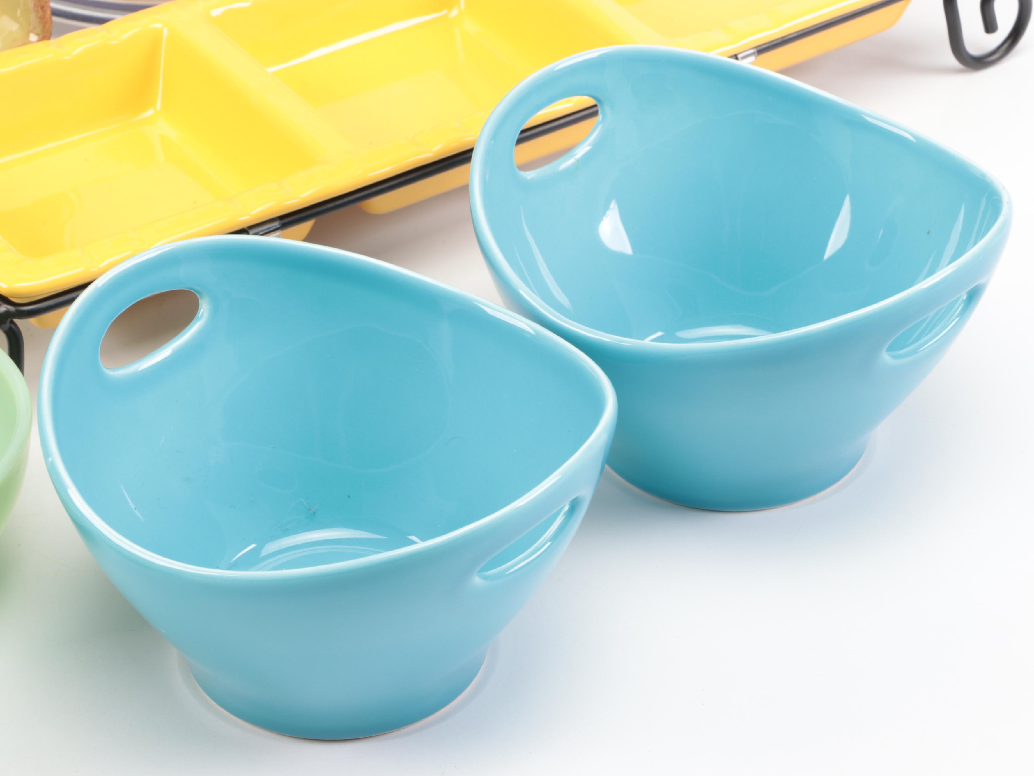 Italian Majolica Trays and Spoon Rest with Other Ceramic and Glass Serveware