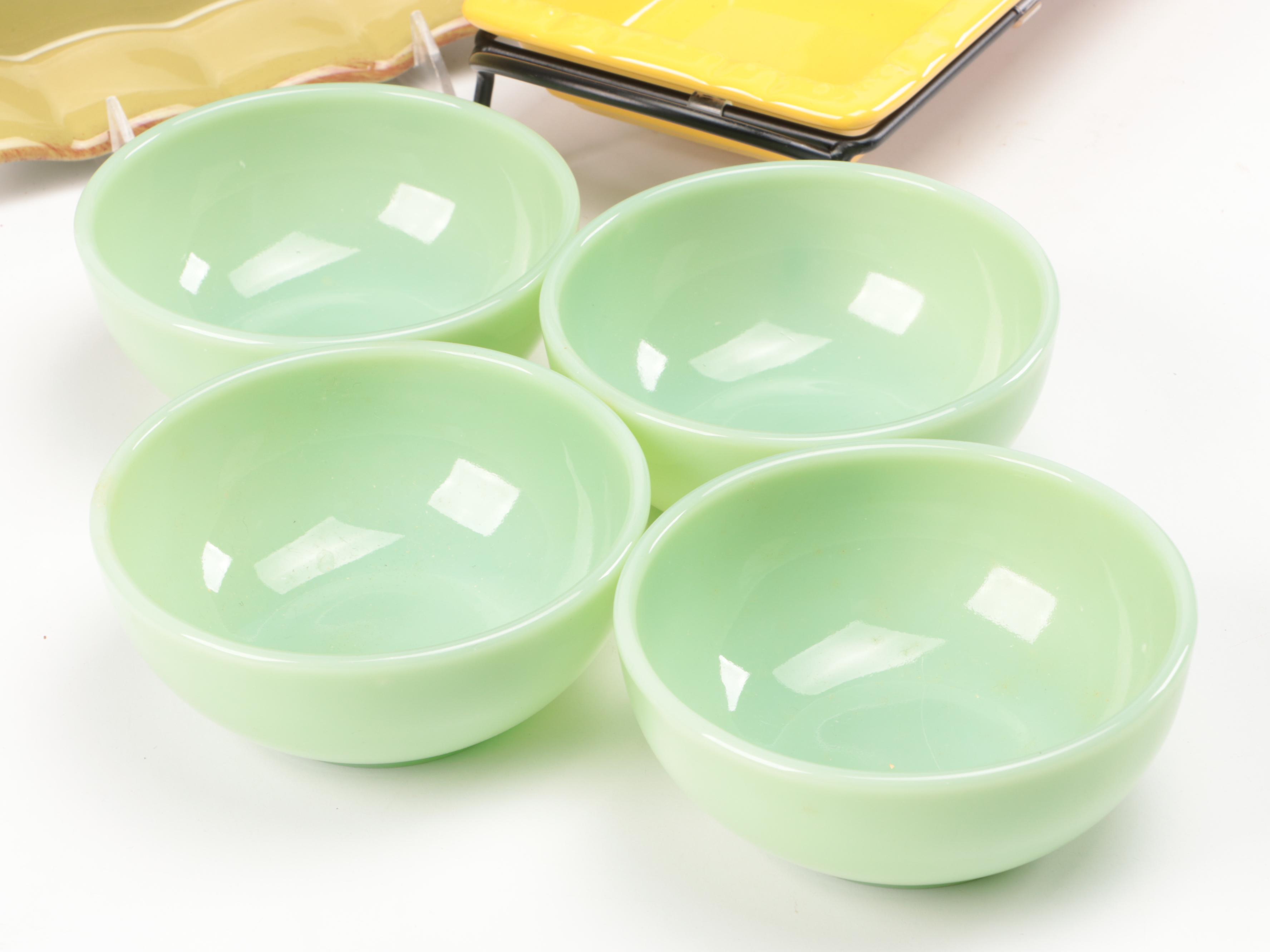 Italian Majolica Trays and Spoon Rest with Other Ceramic and Glass Serveware