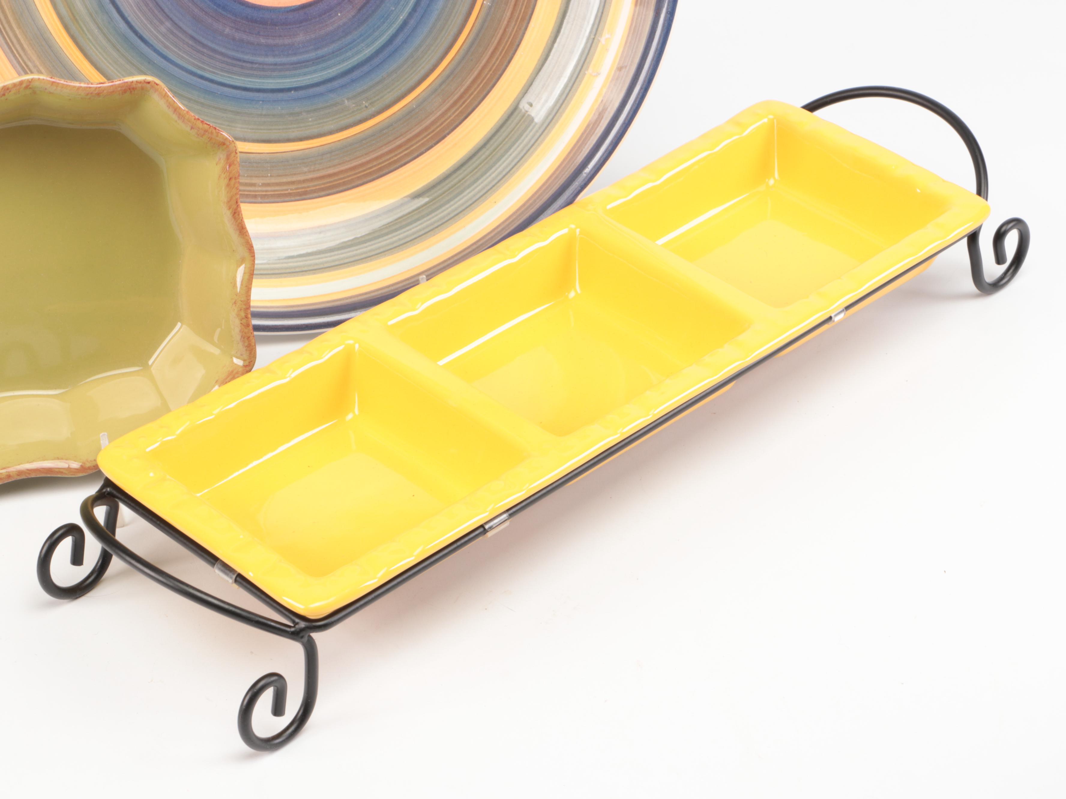 Italian Majolica Trays and Spoon Rest with Other Ceramic and Glass Serveware