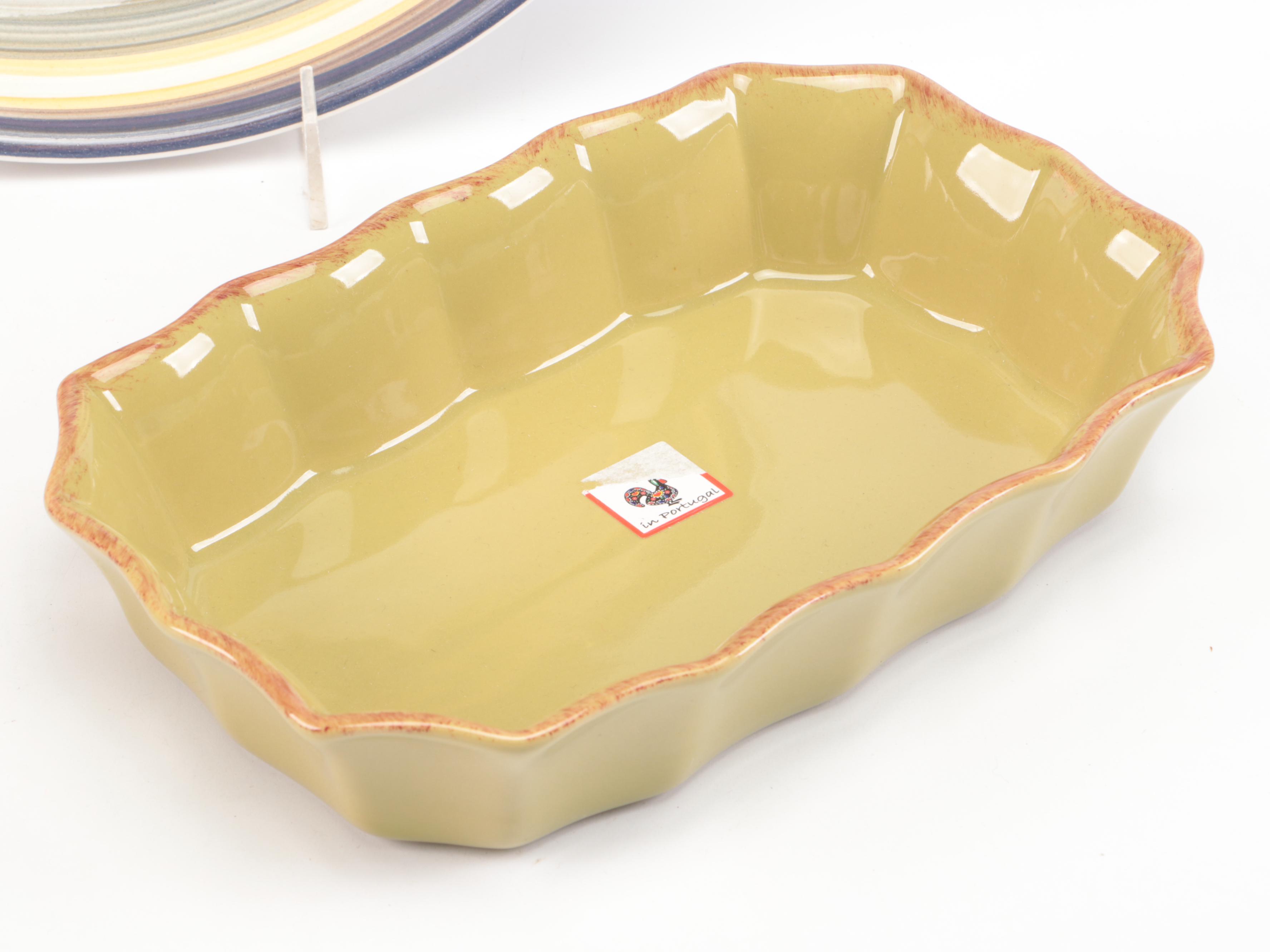 Italian Majolica Trays and Spoon Rest with Other Ceramic and Glass Serveware