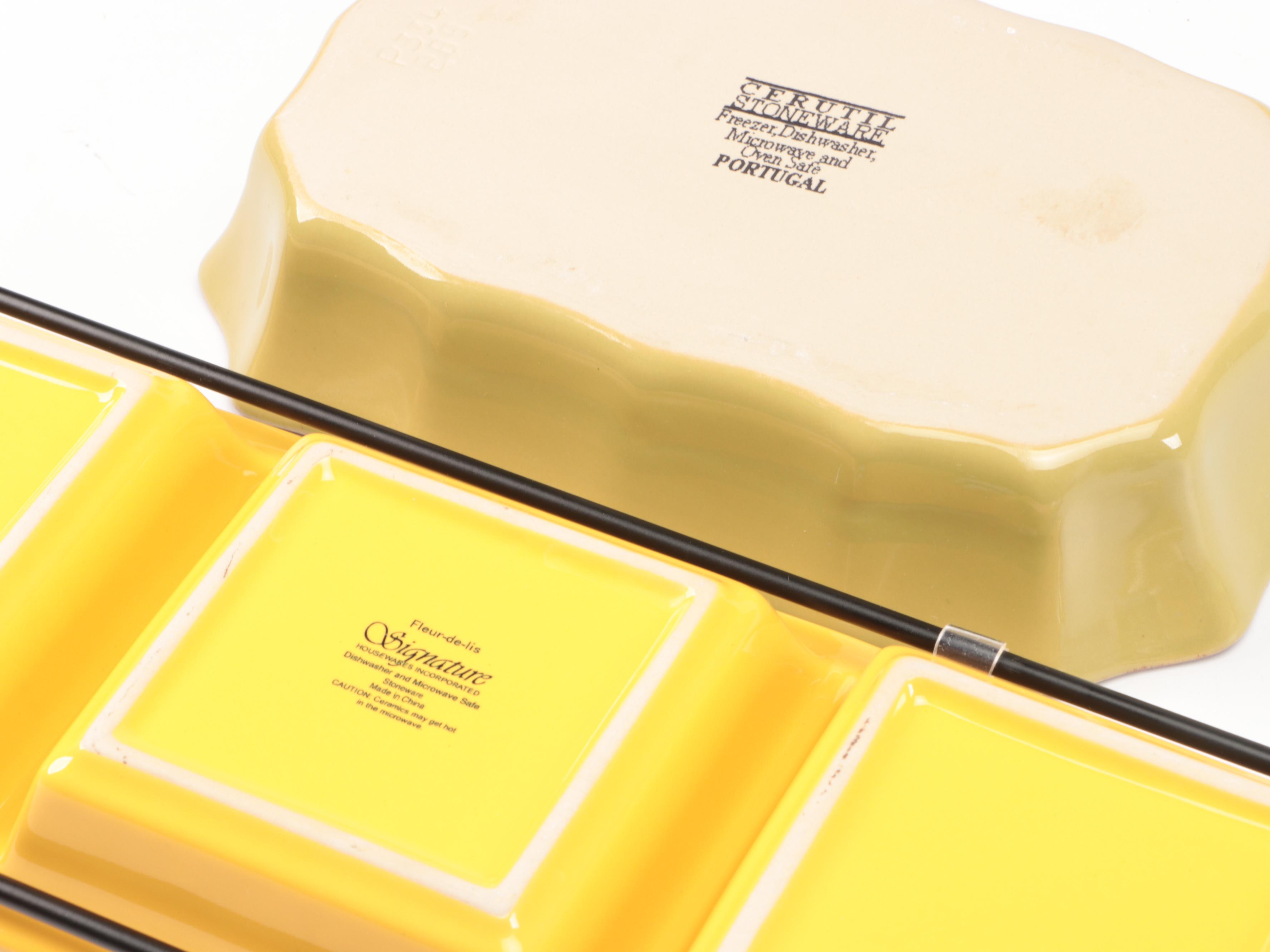 Italian Majolica Trays and Spoon Rest with Other Ceramic and Glass Serveware