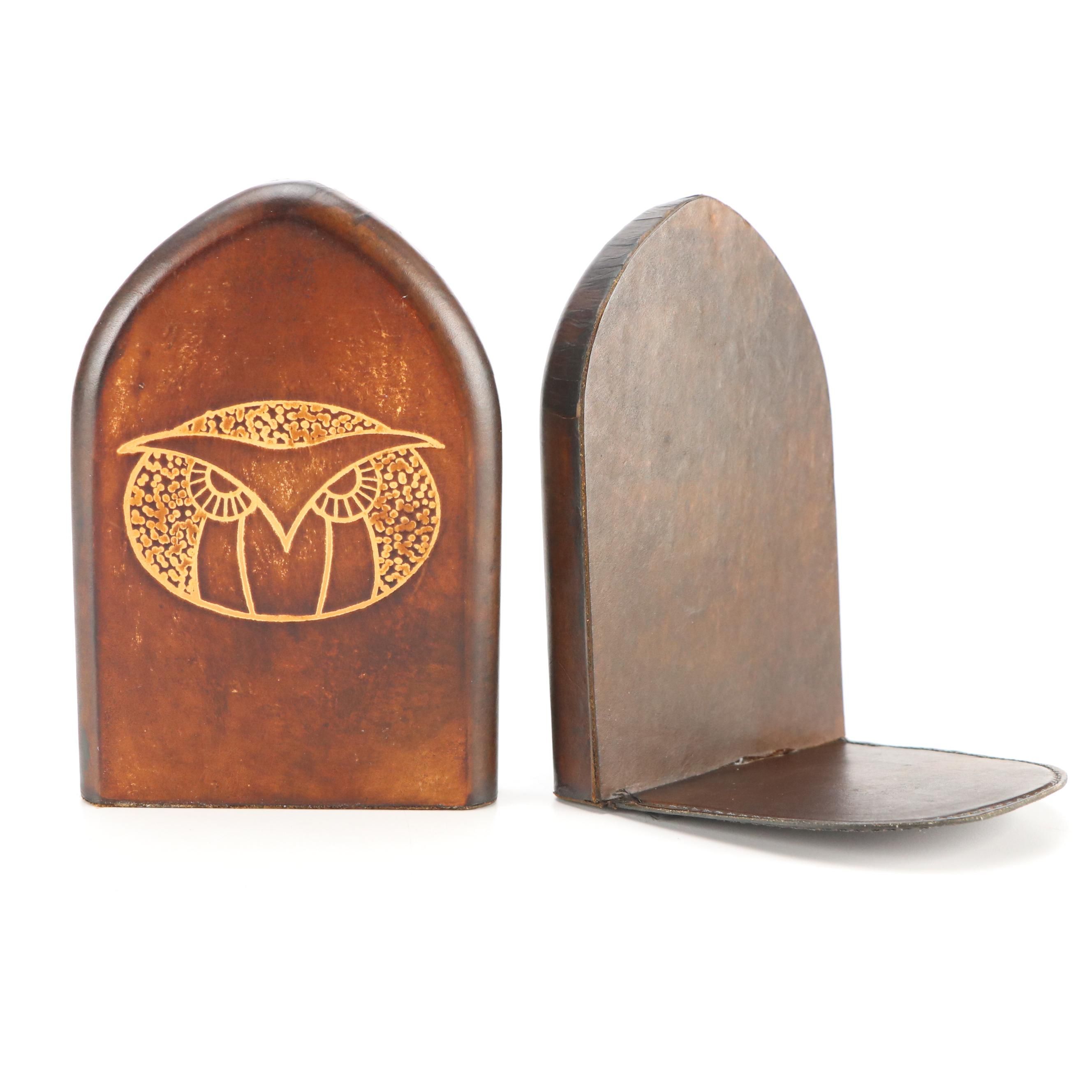 M.W. Barnes Leather Covered Bookends with Gilded Owl Decals