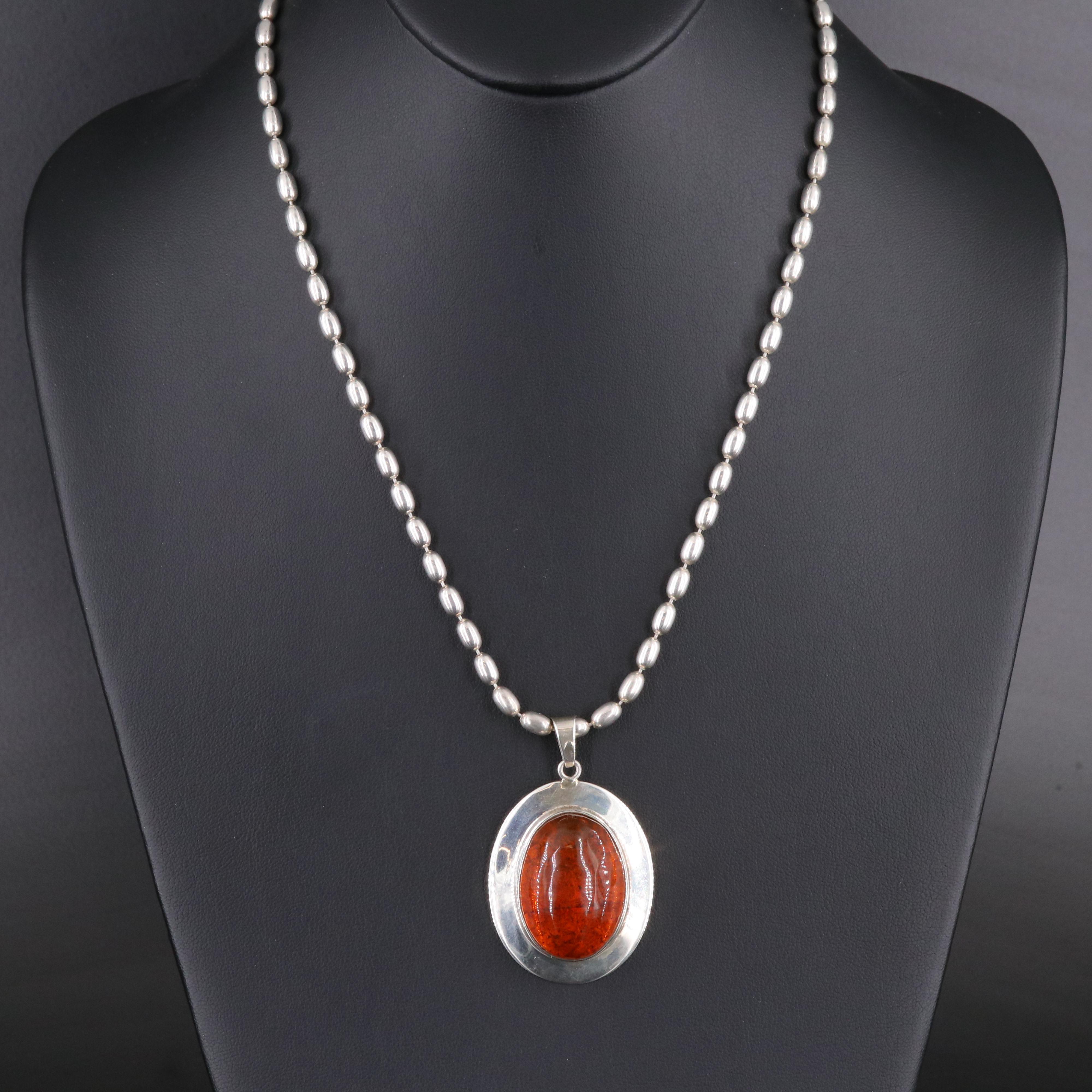 Sterling Amber Pendant on Beaded Chain Necklace