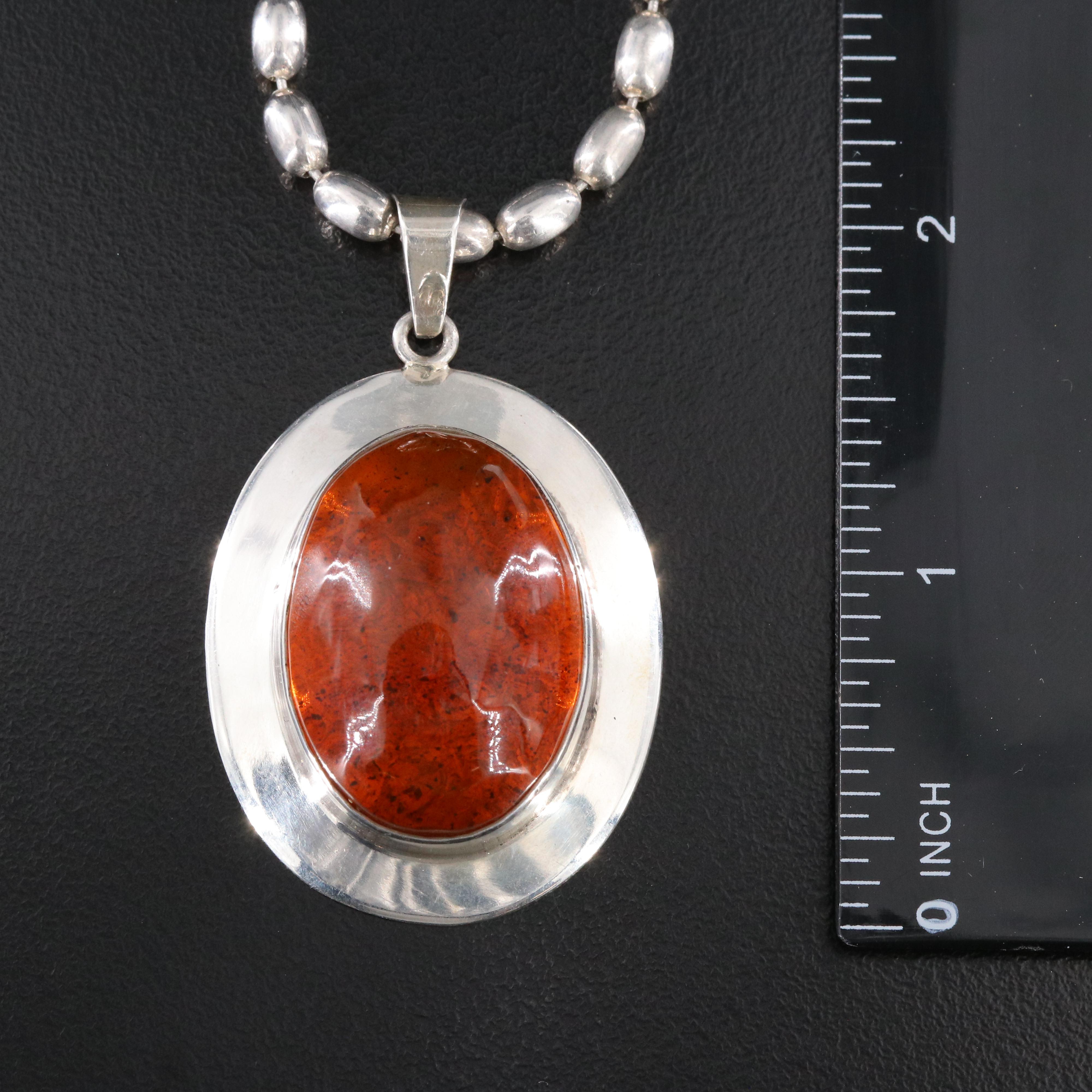 Sterling Amber Pendant on Beaded Chain Necklace