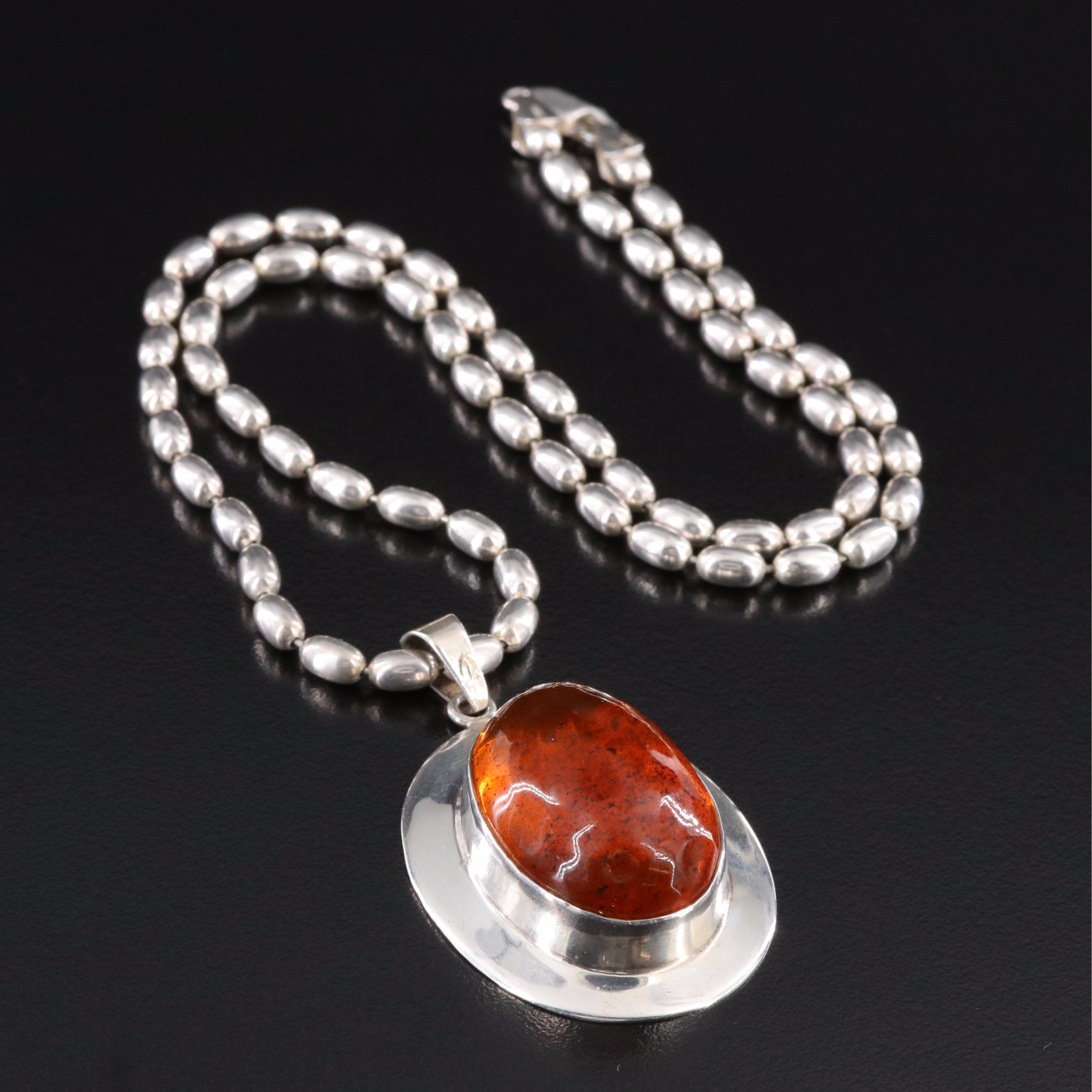 Sterling Amber Pendant on Beaded Chain Necklace