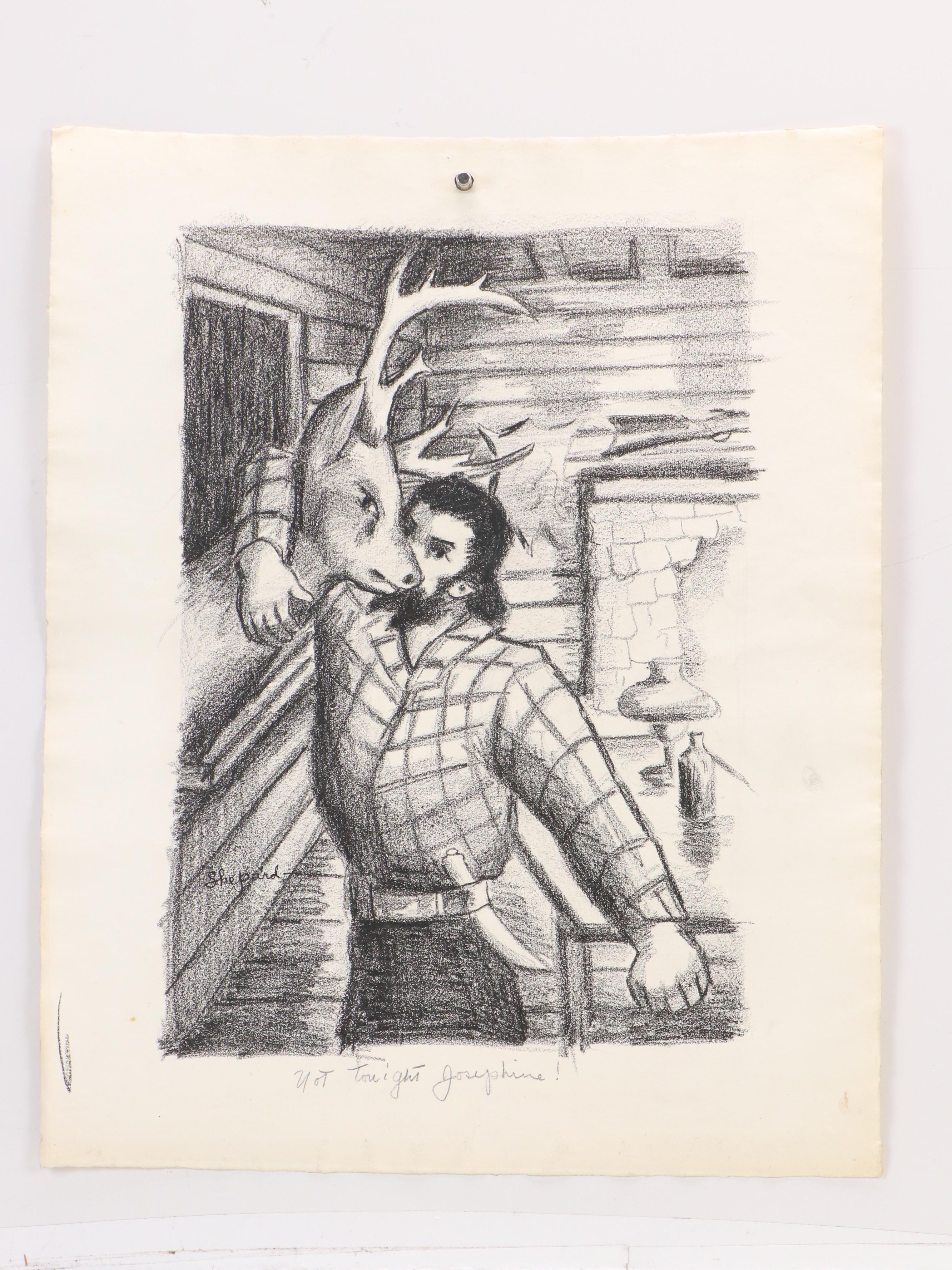 Harvey Shepard Charcoal Drawings "Not Tonight Josephine!" and "Oh Mr. Forbes..."