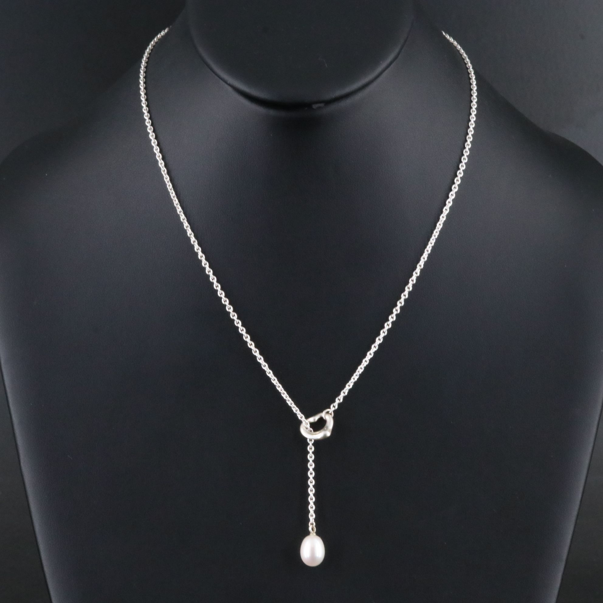 Elsa Peretti for Tiffany & Co. Open Heart Sterling Pearl Lariat Necklace