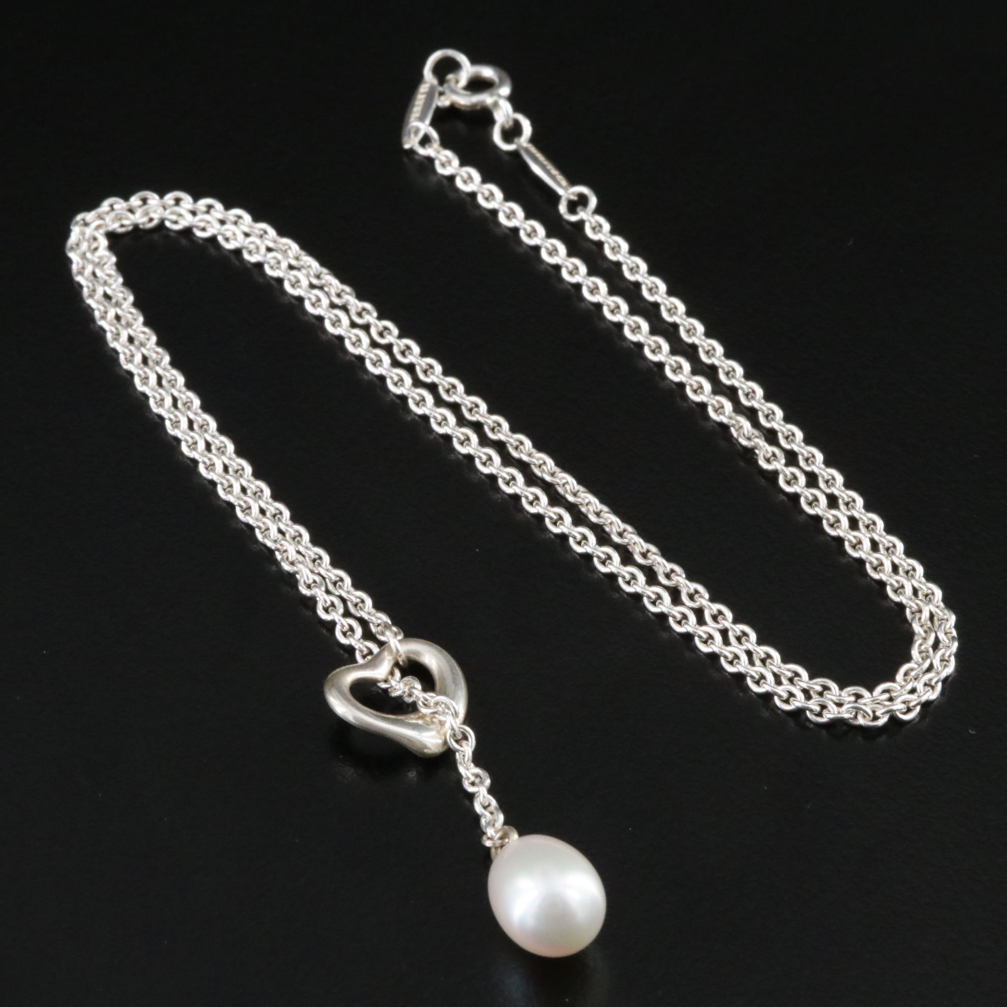 Elsa Peretti for Tiffany & Co. Open Heart Sterling Pearl Lariat Necklace