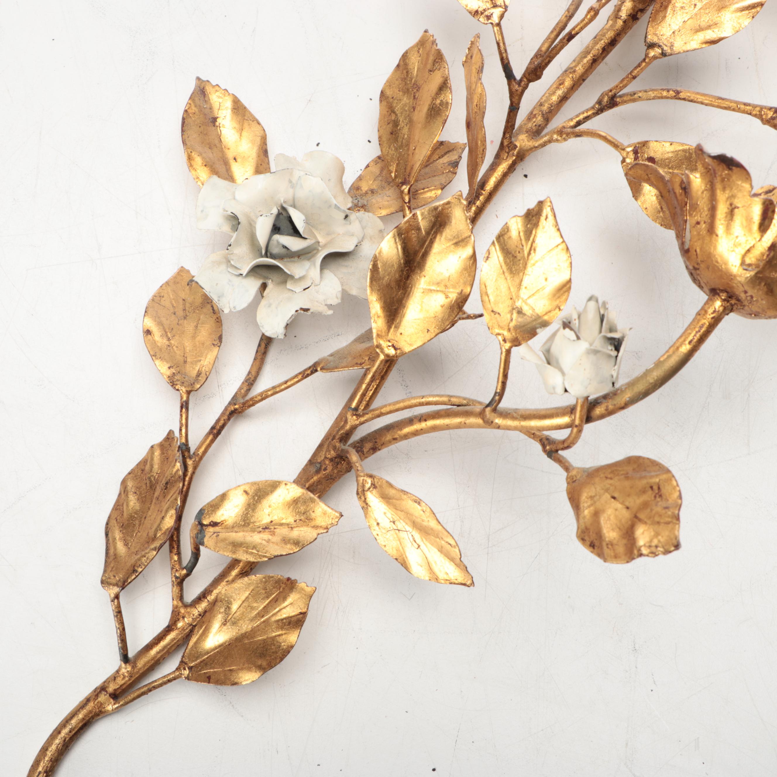 Gilt Metal Leaves with White Flowers Wall Décor