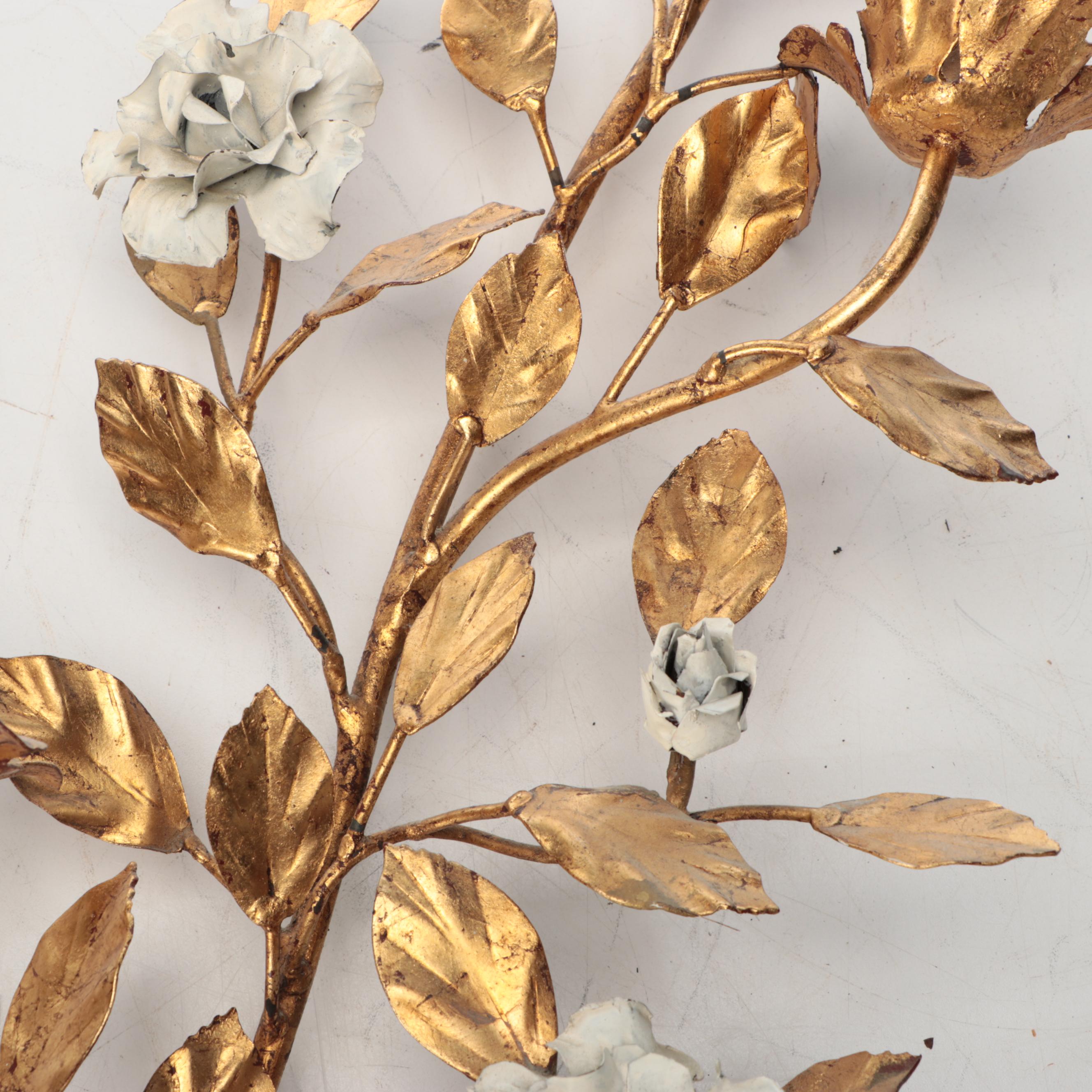 Gilt Metal Leaves with White Flowers Wall Décor