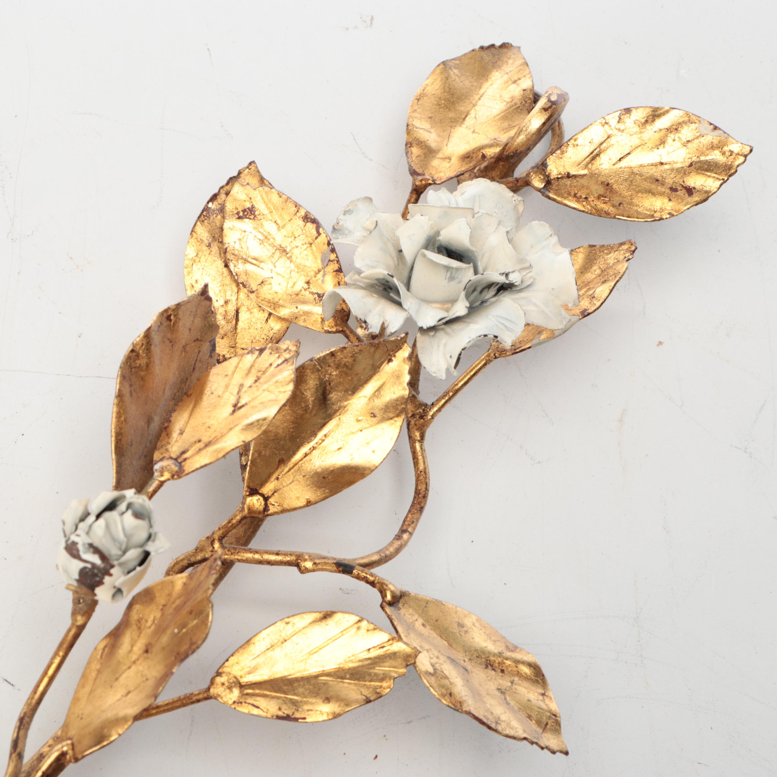 Gilt Metal Leaves with White Flowers Wall Décor