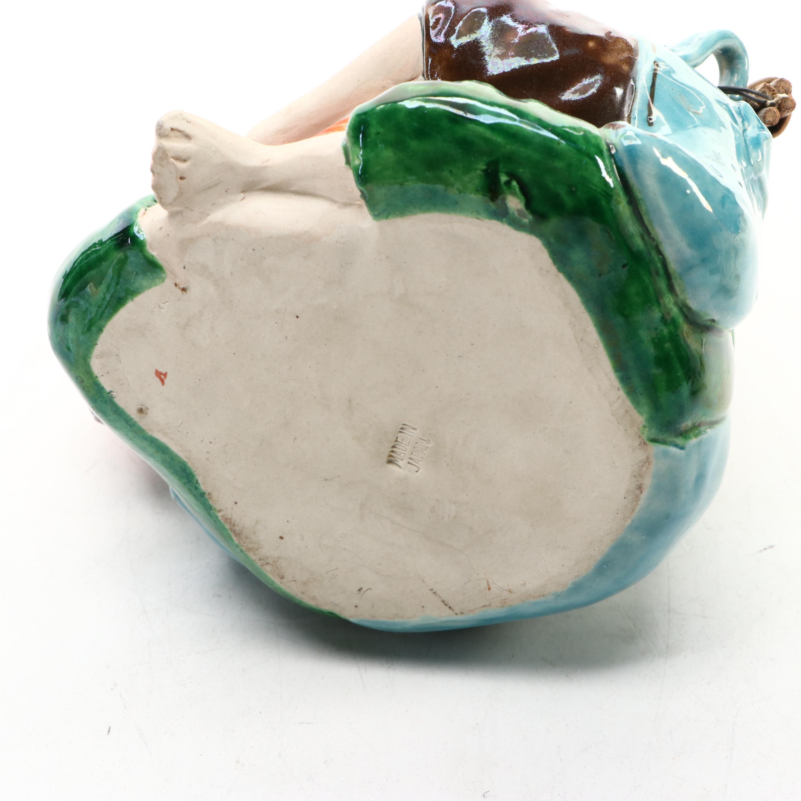 Japanese Banko with English Majolica Figural Teapots and Man in the Moon Jug