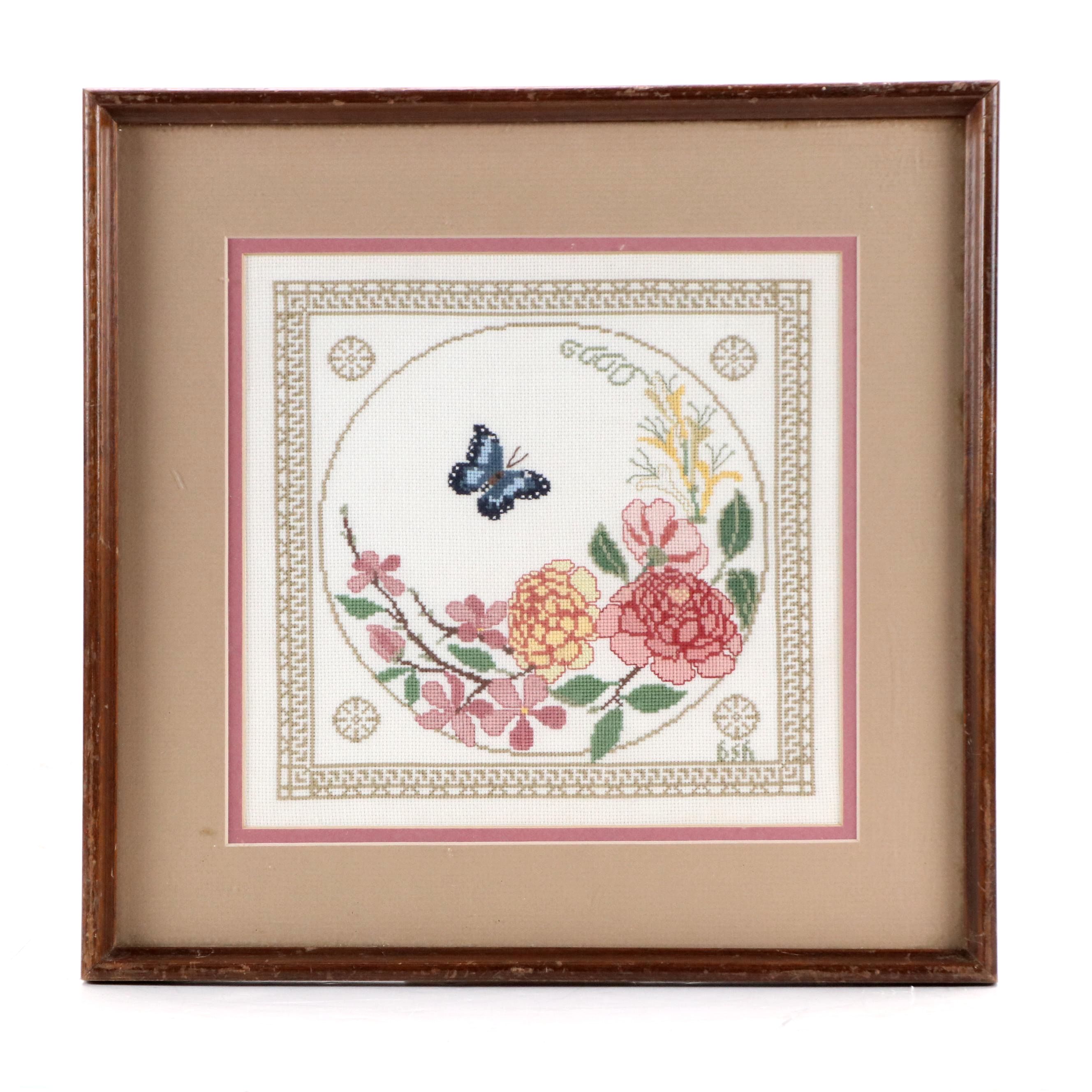 Floral Cross-Stitch Embroidery Panel with Butterfly, Late 20th–21st Century