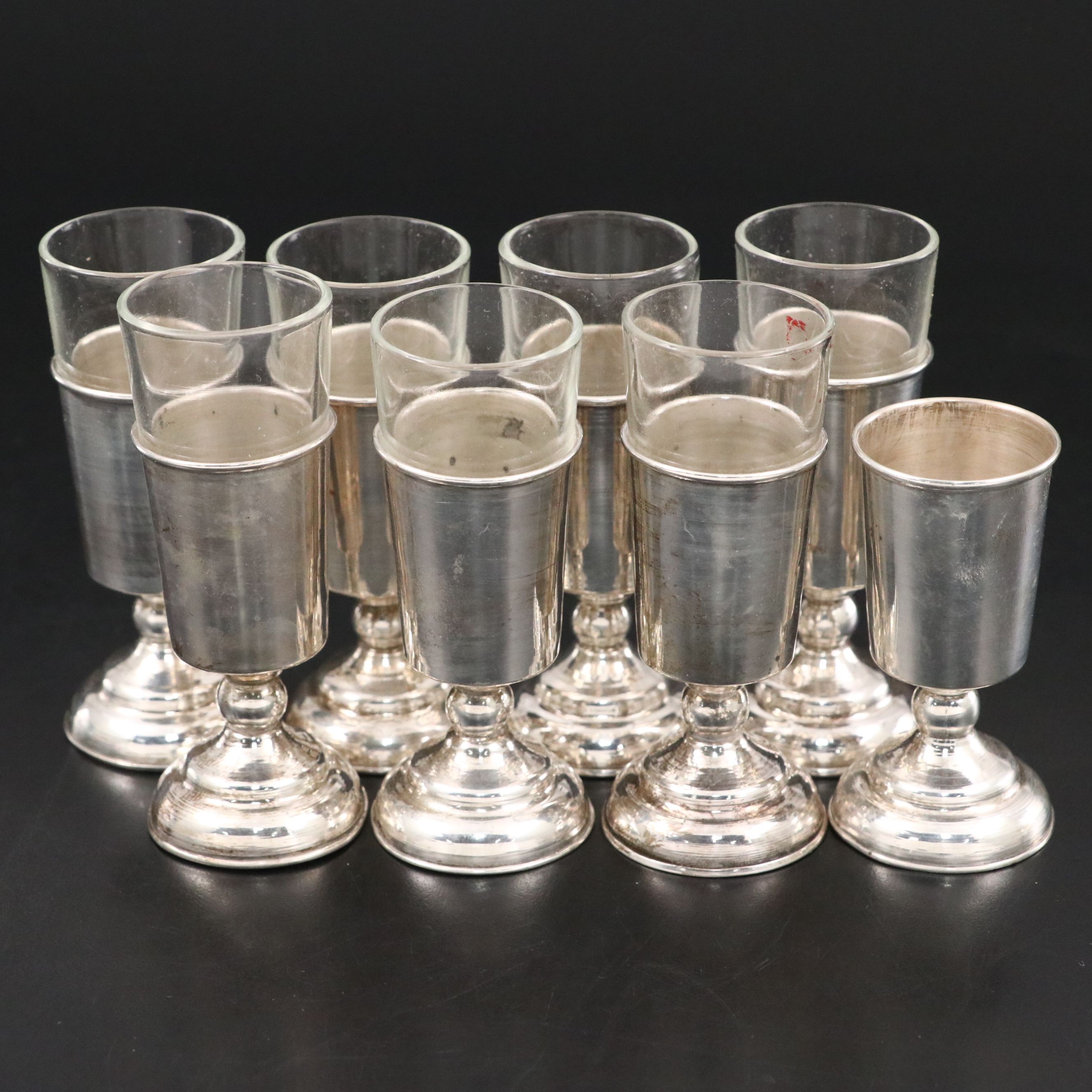 Mexican Sterling Silver and Glass Cordial or Shot Glasses