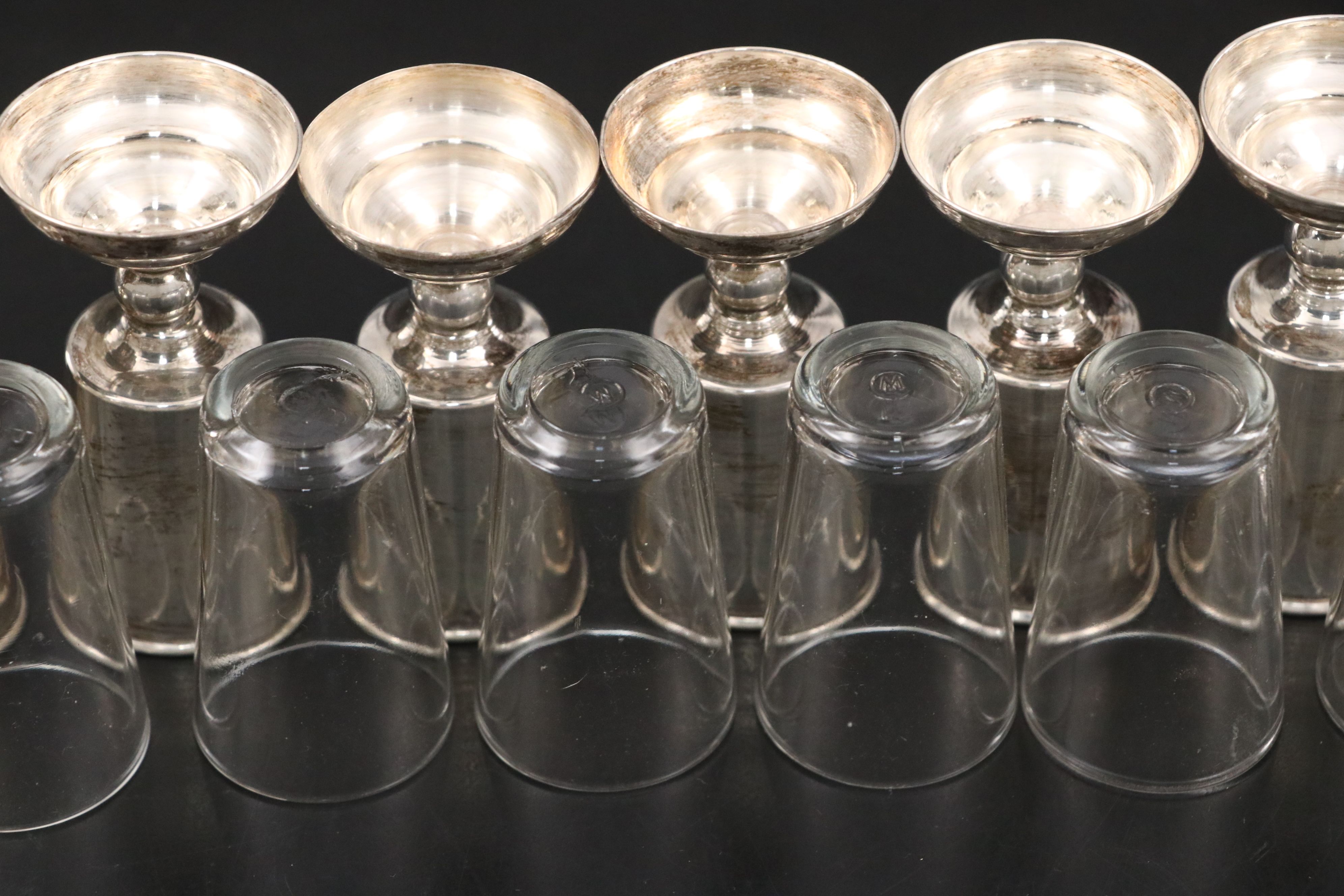 Mexican Sterling Silver and Glass Cordial or Shot Glasses
