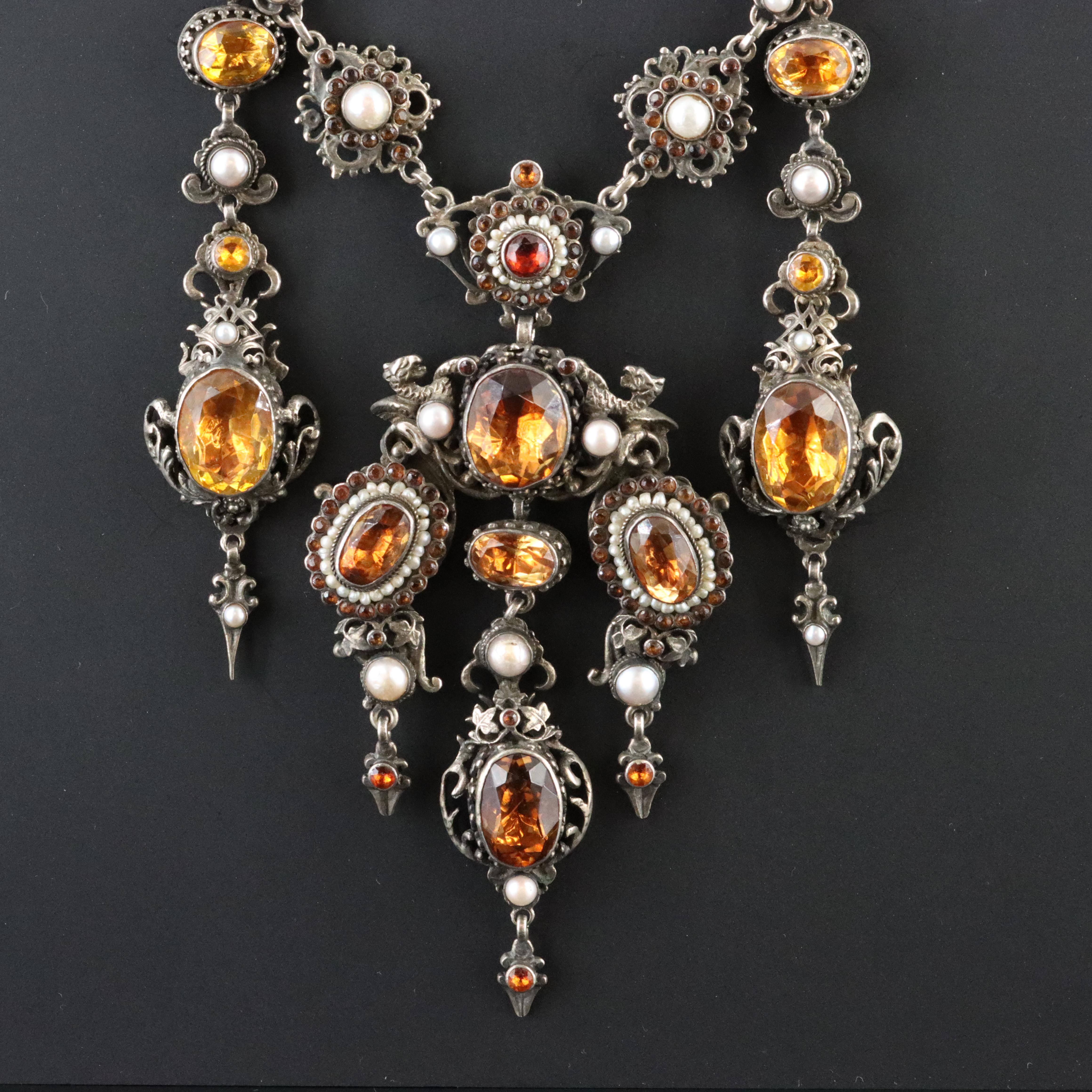 Austro-Hungarian Renaissance Revival 800 Silver Citrine Girandole Necklace