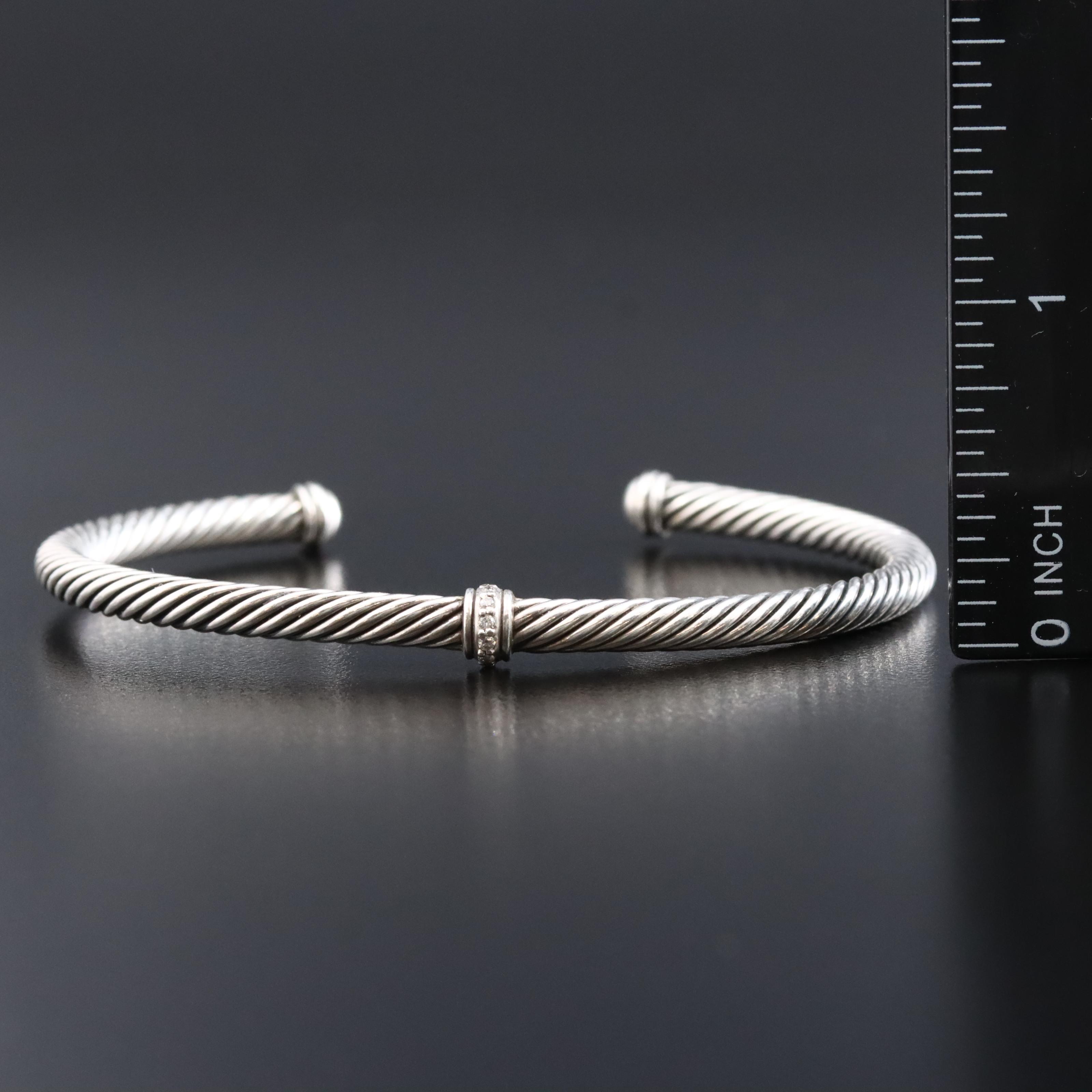 David Yurman Sterling Cable Cuff Diamond Station Bracelet