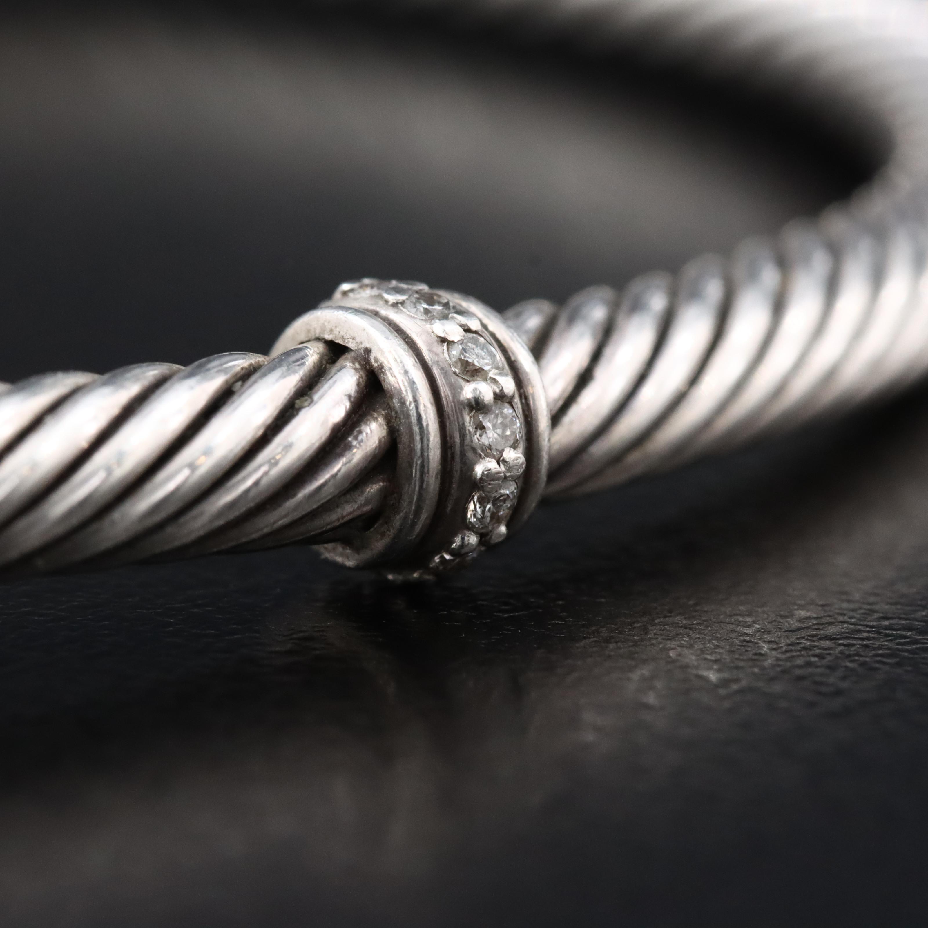David Yurman Sterling Cable Cuff Diamond Station Bracelet