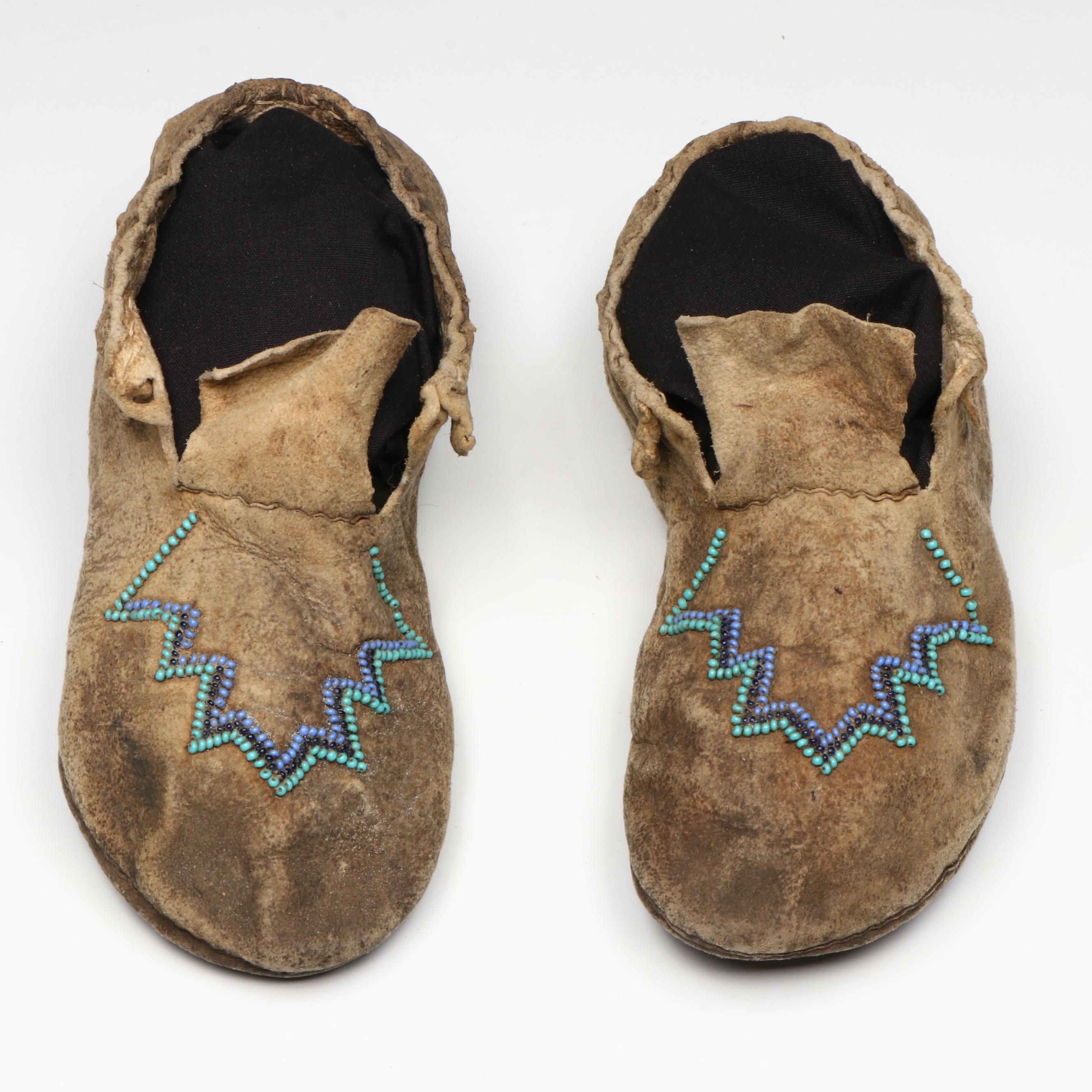Two Pairs of Youth Indigenous Woodlands/Plateau Style Beaded Hide Moccasins