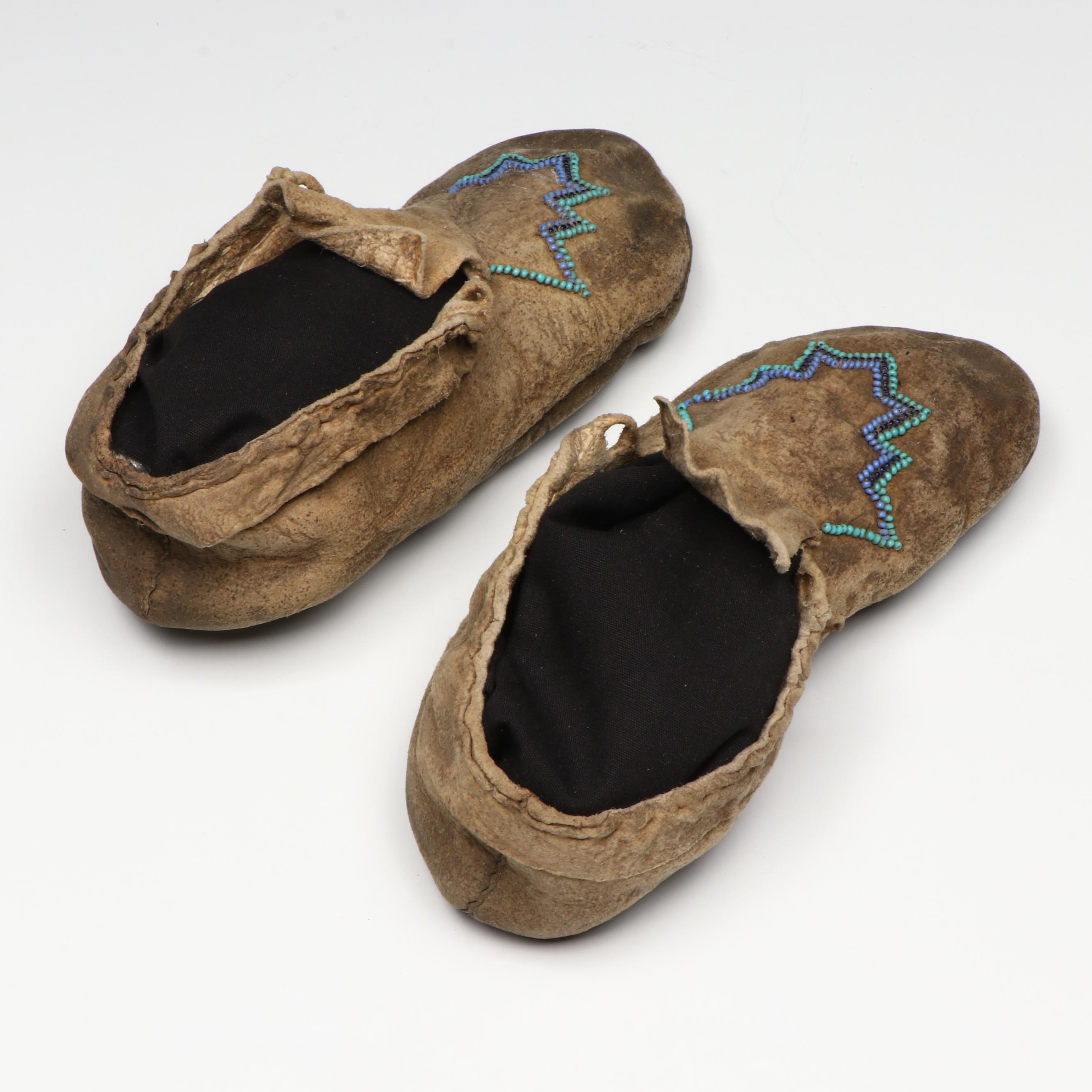 Two Pairs of Youth Indigenous Woodlands/Plateau Style Beaded Hide Moccasins