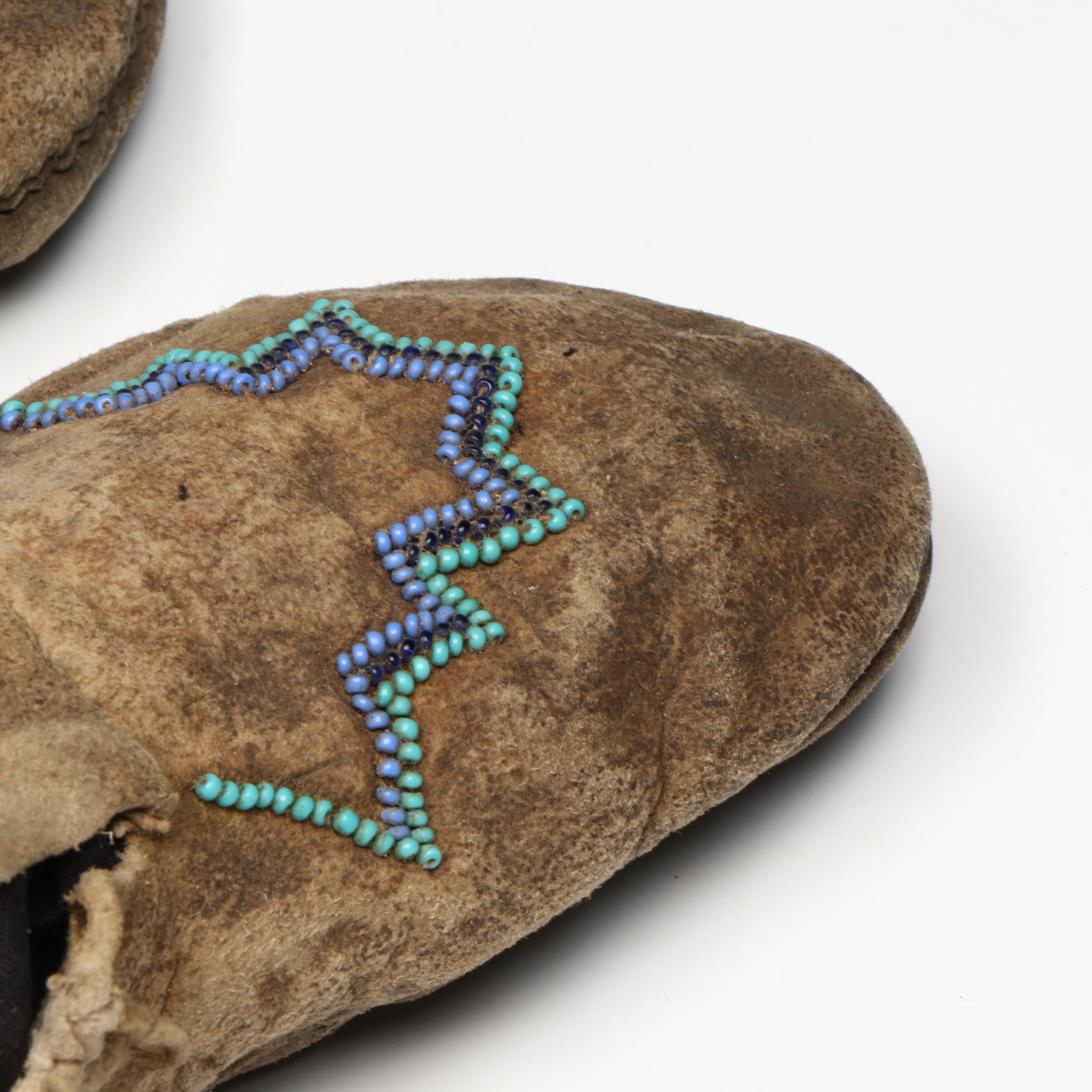 Two Pairs of Youth Indigenous Woodlands/Plateau Style Beaded Hide Moccasins