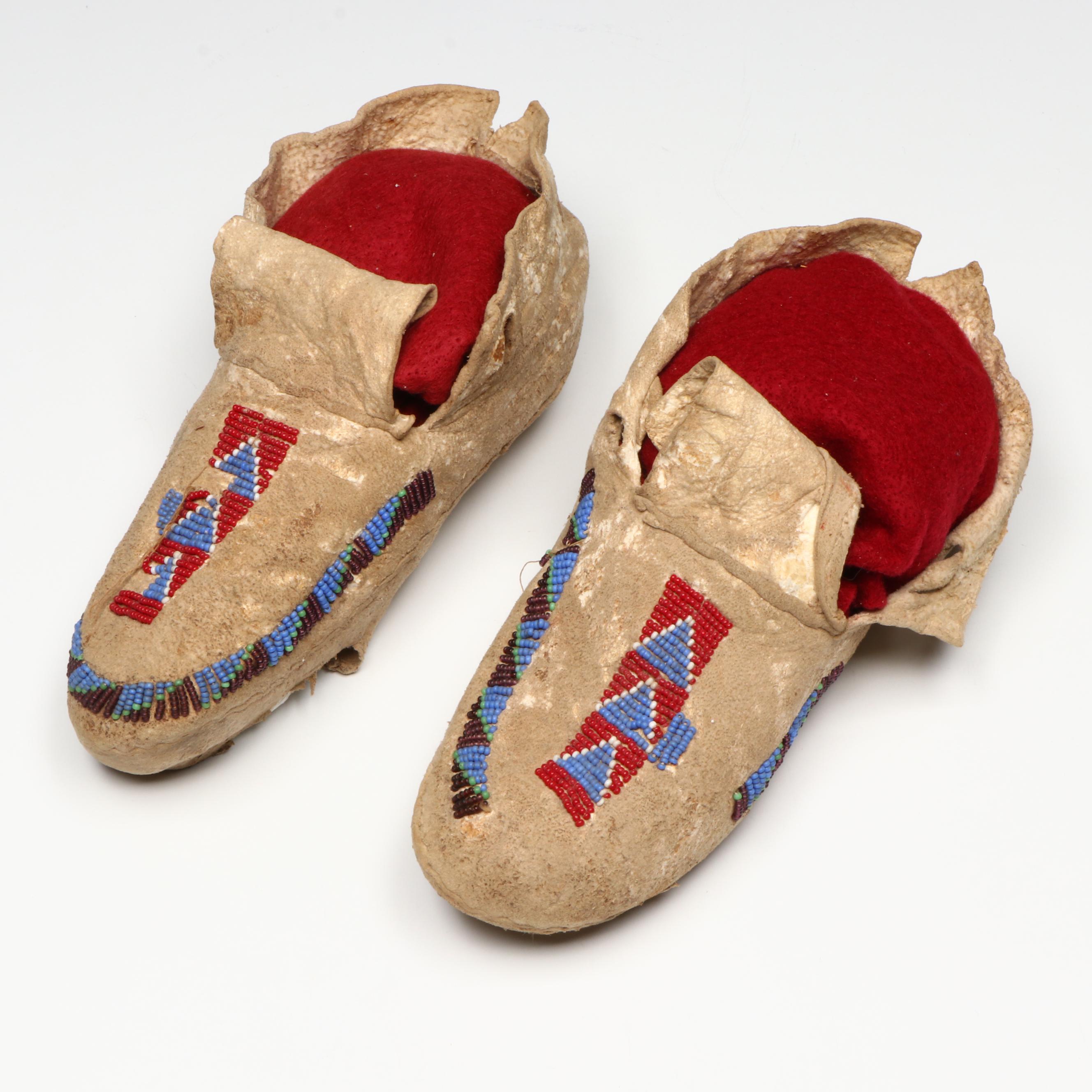 Two Pairs of Youth Indigenous Woodlands/Plateau Style Beaded Hide Moccasins