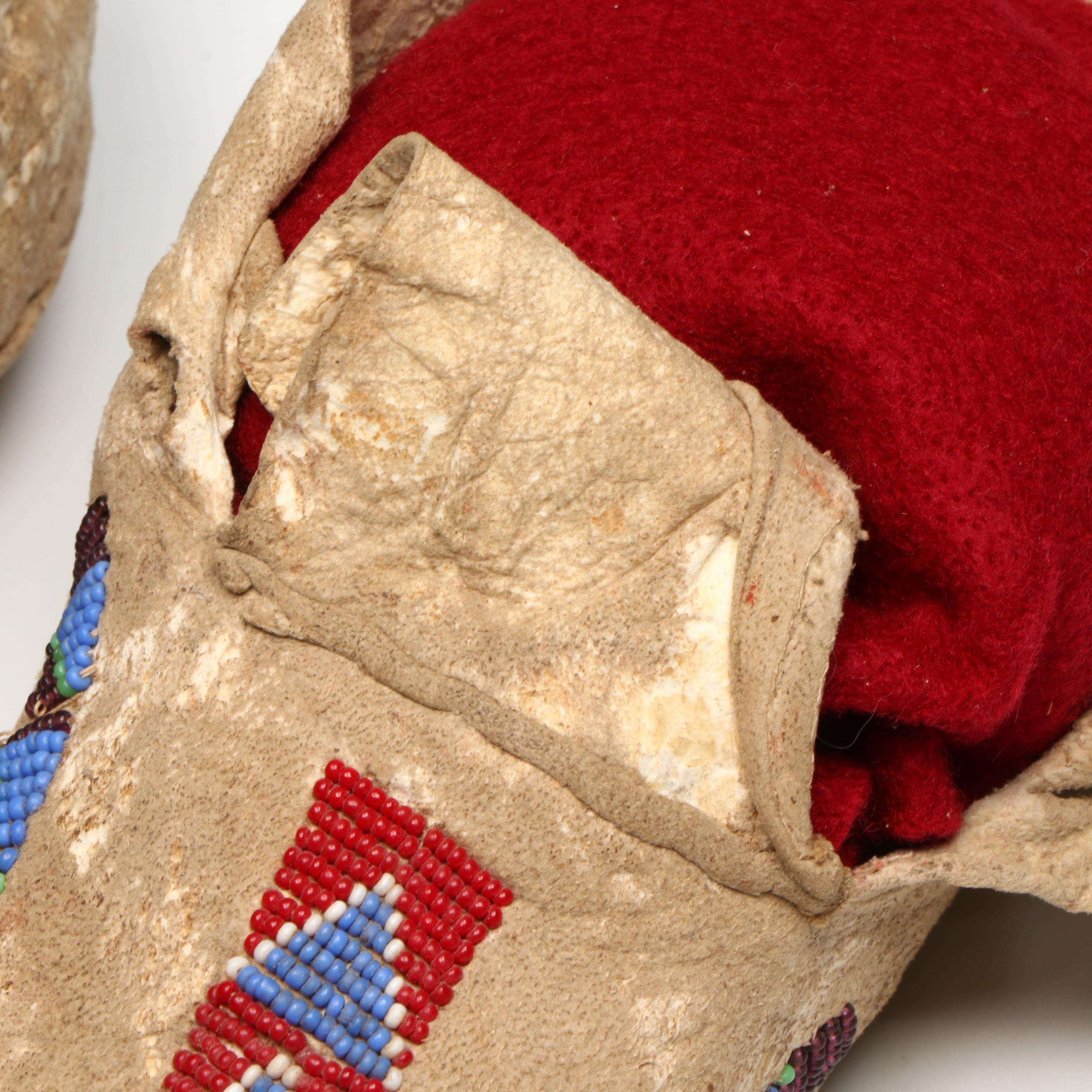 Two Pairs of Youth Indigenous Woodlands/Plateau Style Beaded Hide Moccasins