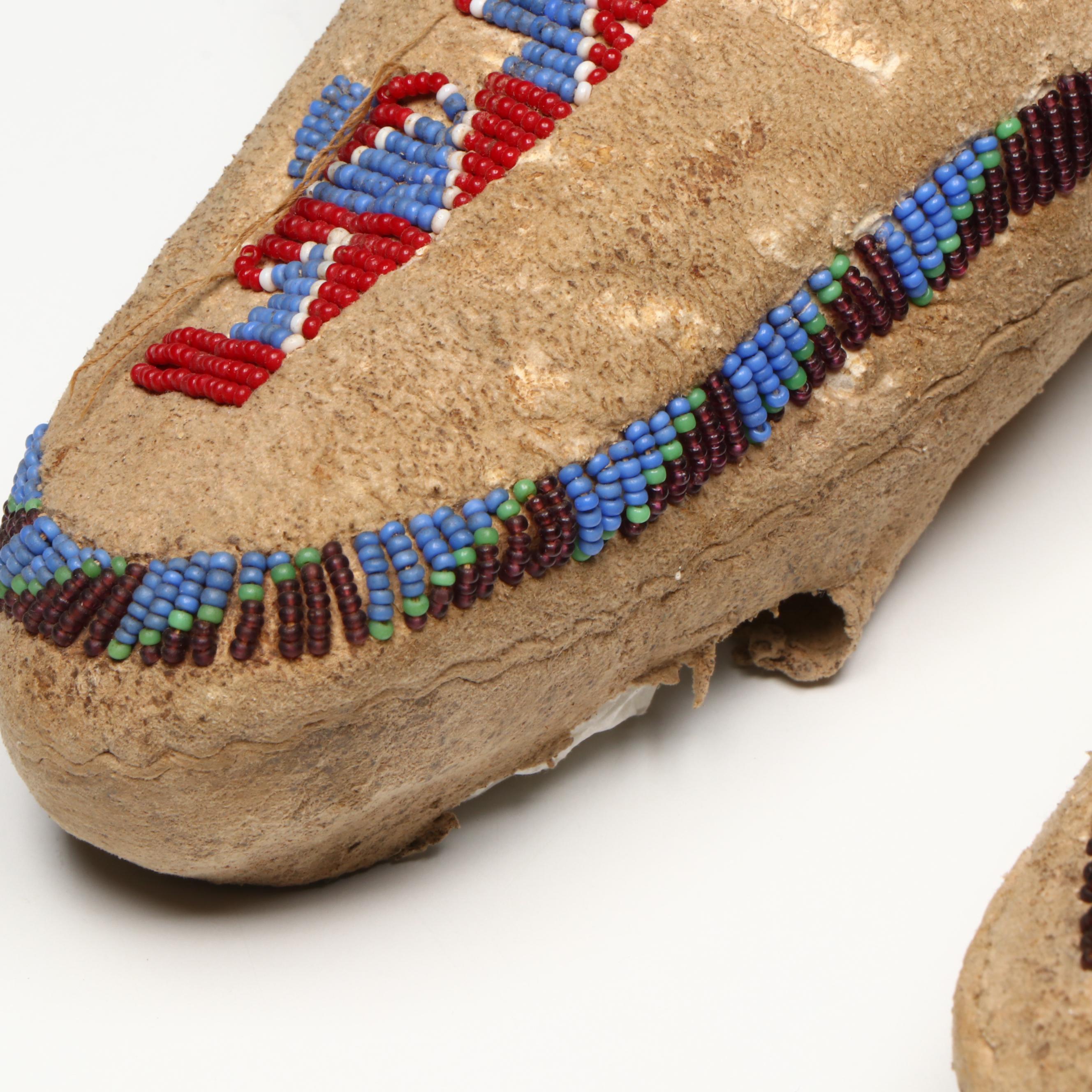 Two Pairs of Youth Indigenous Woodlands/Plateau Style Beaded Hide Moccasins