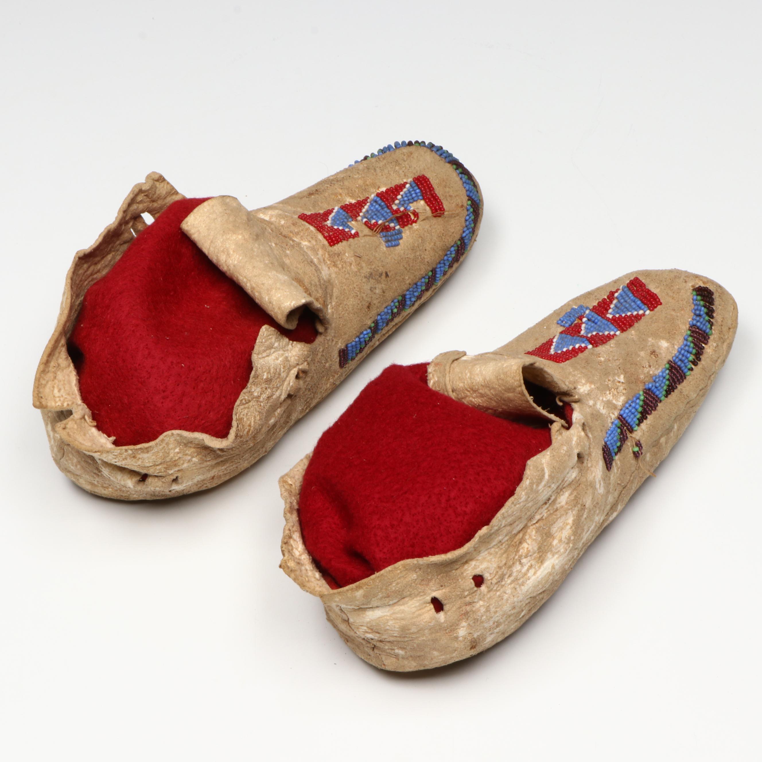 Two Pairs of Youth Indigenous Woodlands/Plateau Style Beaded Hide Moccasins