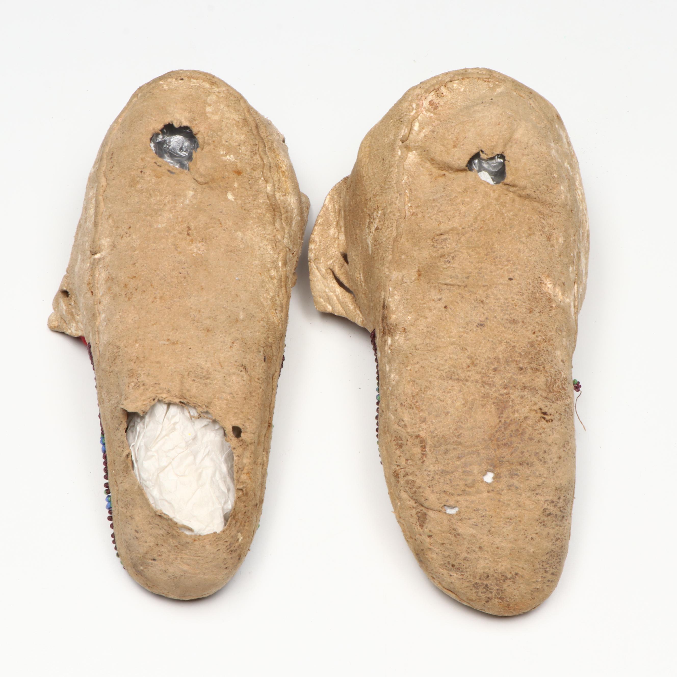 Two Pairs of Youth Indigenous Woodlands/Plateau Style Beaded Hide Moccasins