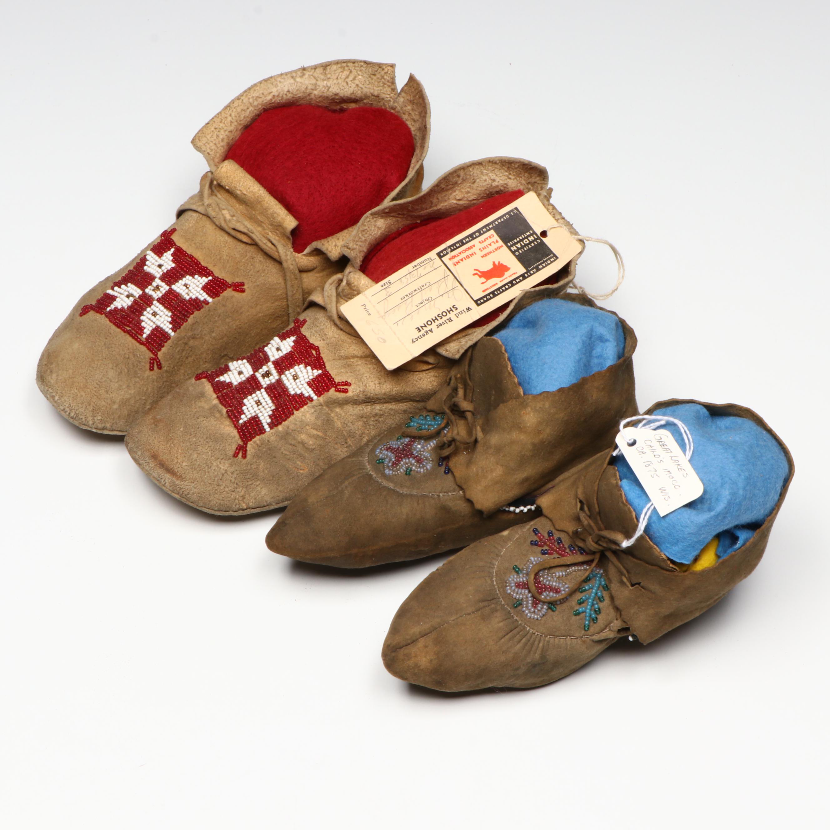 Wind River Newe (Shoshone) Beaded Moccasins with Other Great Lakes Youth Pair