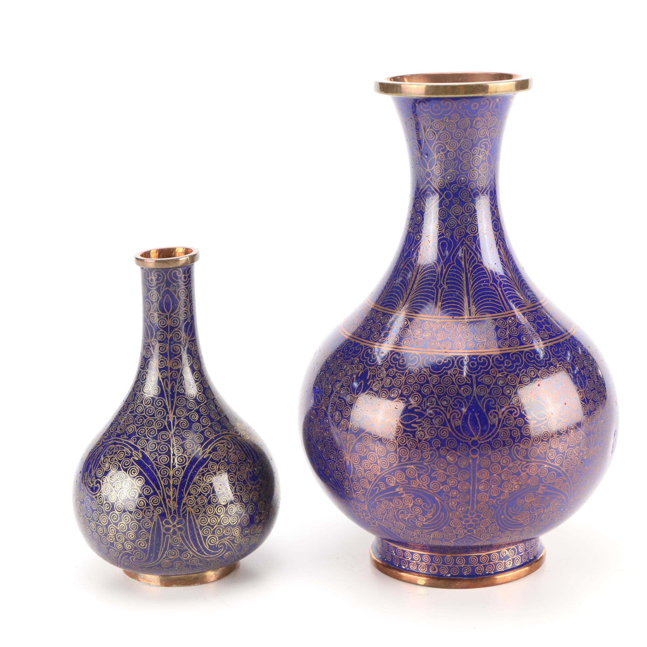 Chinese Blue Cloisonné Enameled Copper Bottle Vases