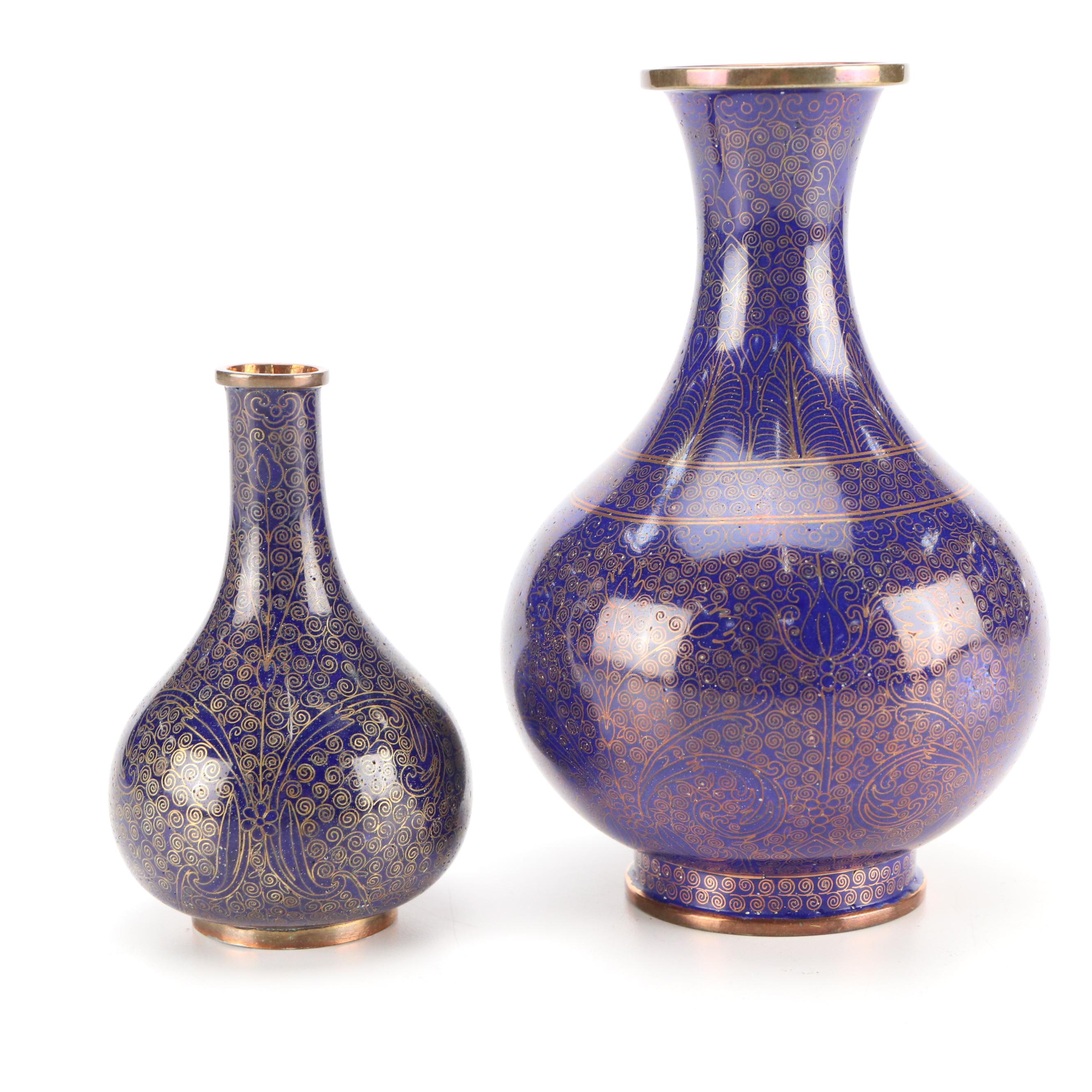 Chinese Blue Cloisonné Enameled Copper Bottle Vases