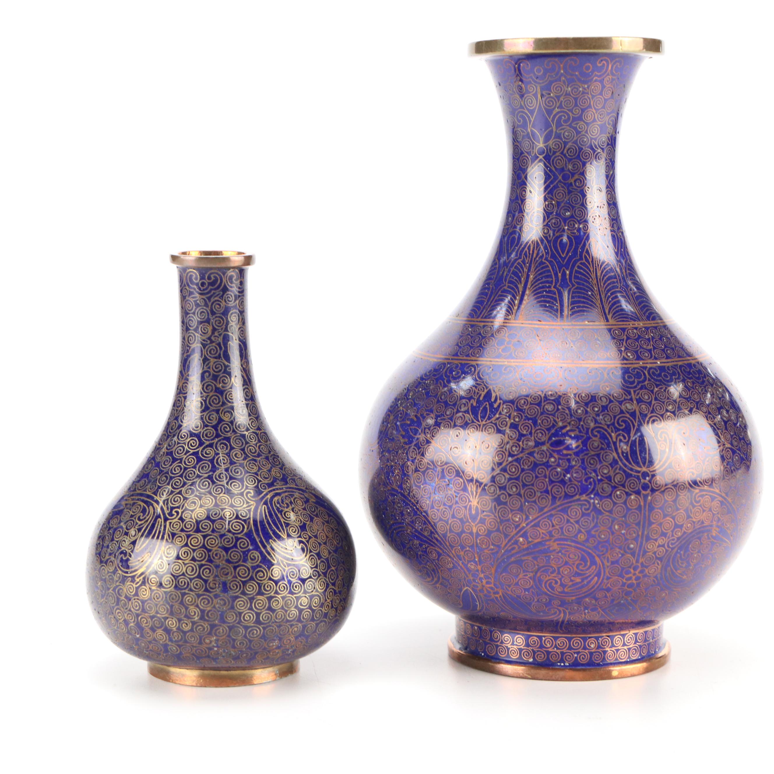 Chinese Blue Cloisonné Enameled Copper Bottle Vases