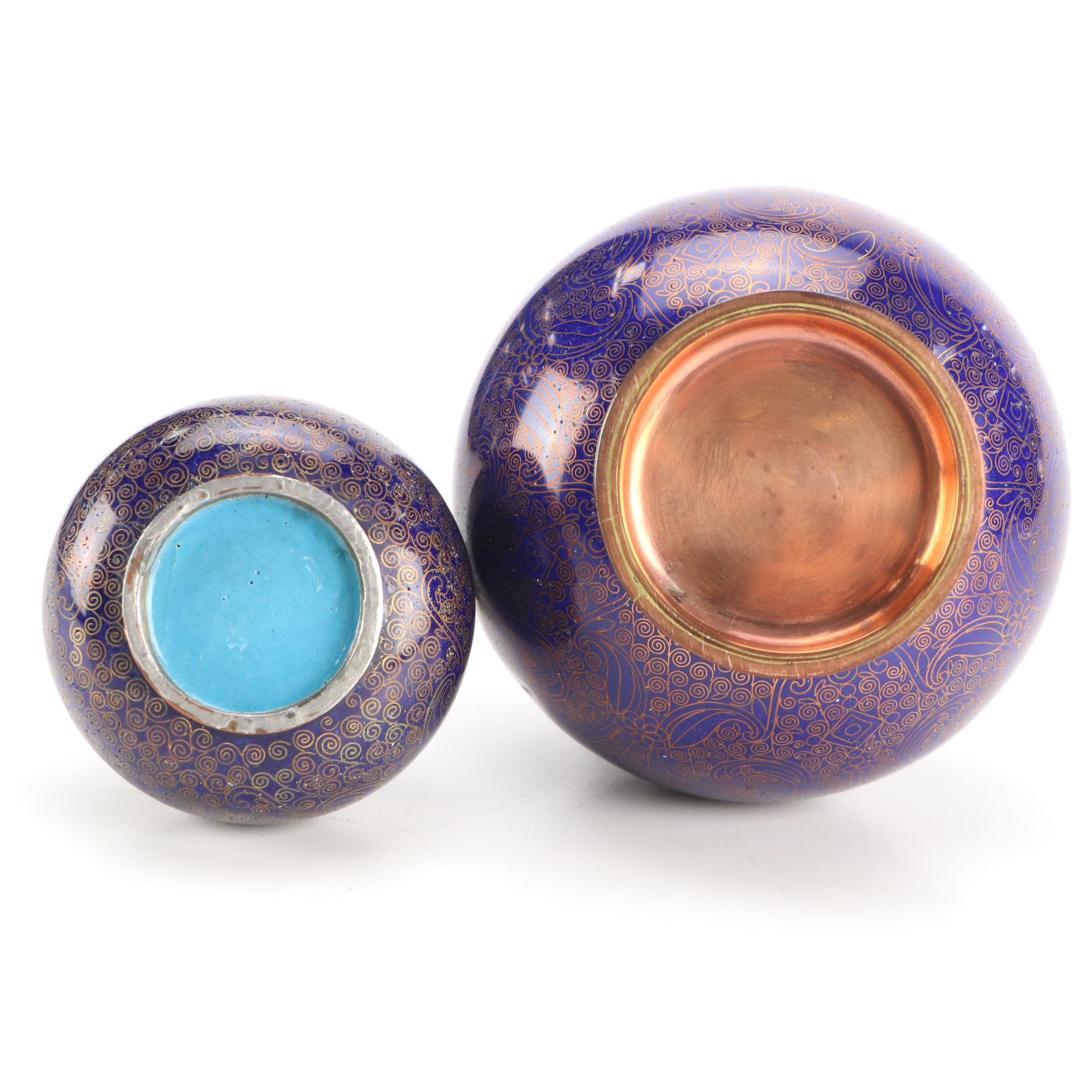 Chinese Blue Cloisonné Enameled Copper Bottle Vases