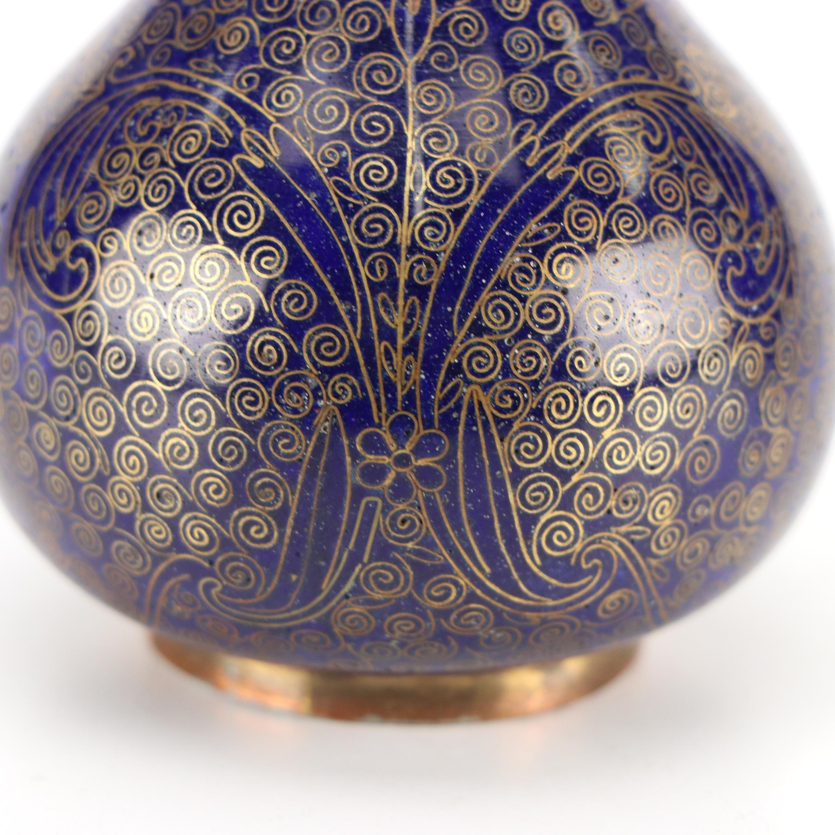 Chinese Blue Cloisonné Enameled Copper Bottle Vases