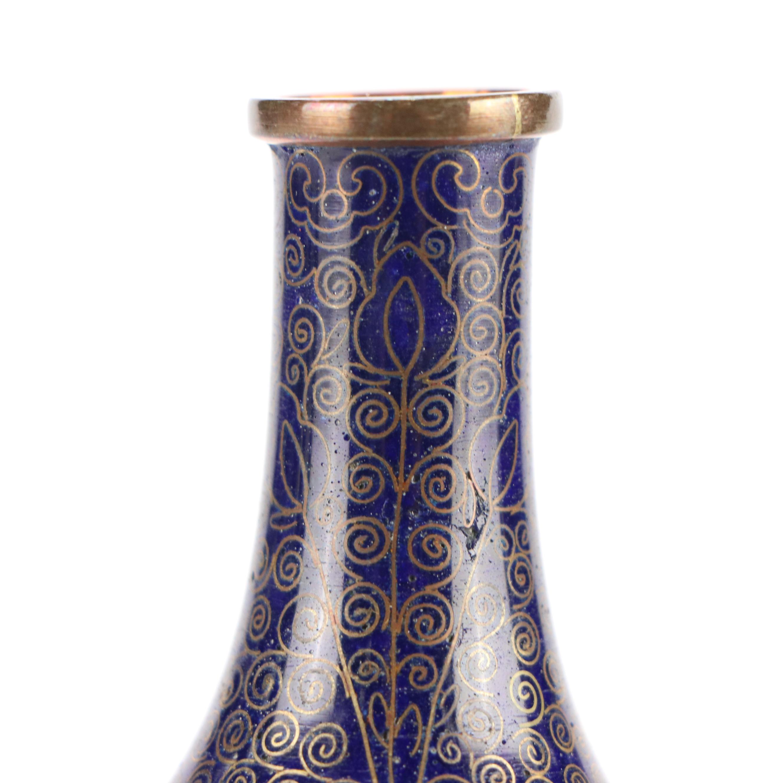 Chinese Blue Cloisonné Enameled Copper Bottle Vases