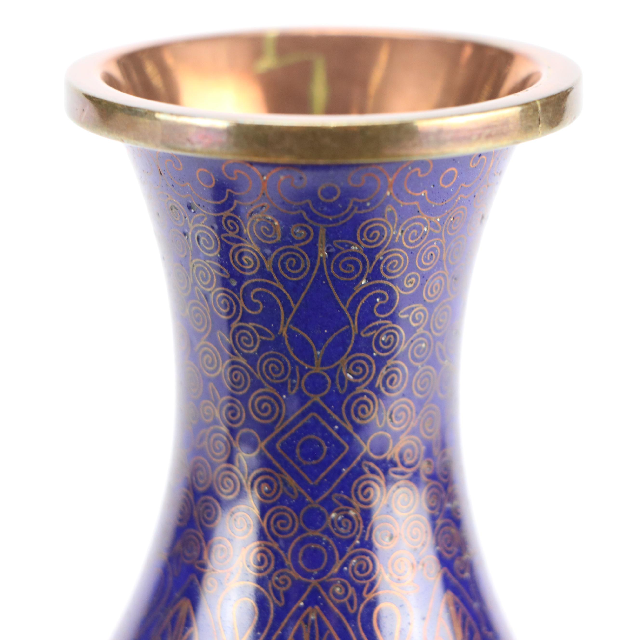 Chinese Blue Cloisonné Enameled Copper Bottle Vases