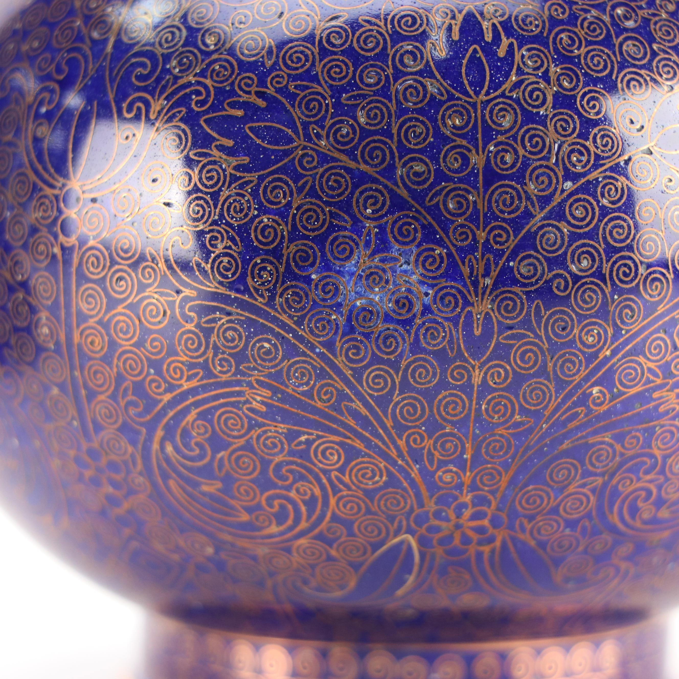 Chinese Blue Cloisonné Enameled Copper Bottle Vases